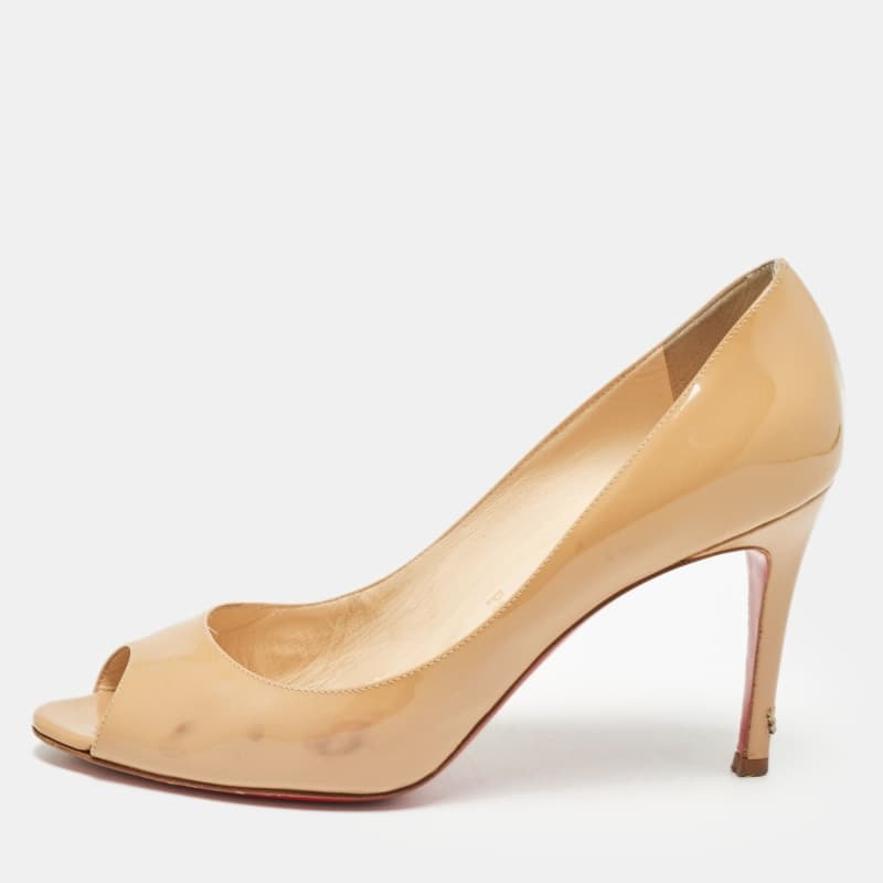 Christian Louboutin YouYou Size 38.5 Beige Patent Leather Peep Toe Pumps