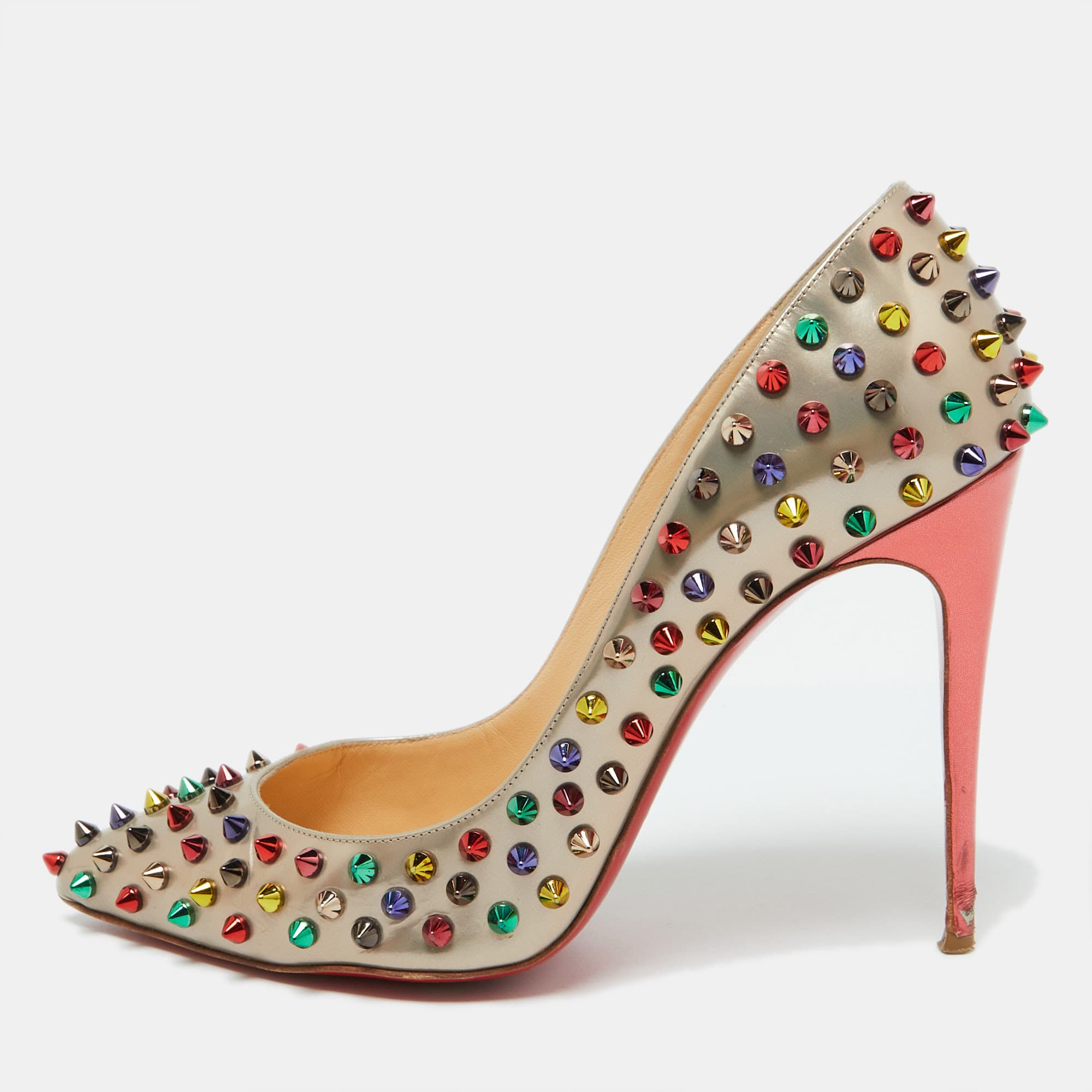 Christian Louboutin Metallic Beige Leather Pigalle Spikes Pointed Toe Pumps Size 39
