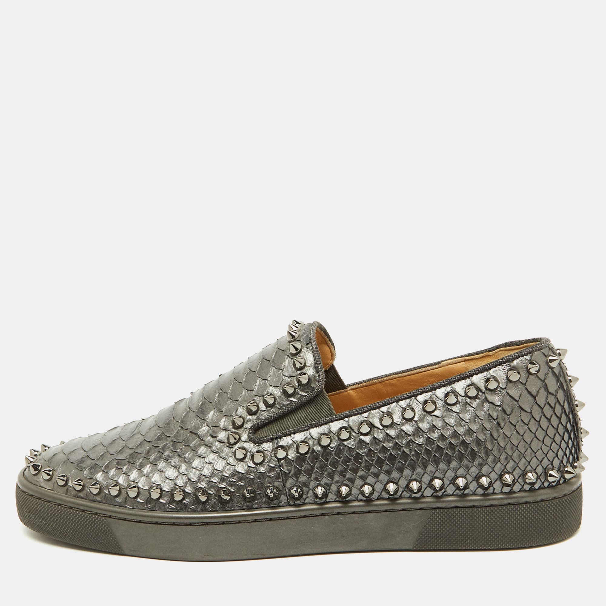 Christian Louboutin Pik Boat Size 40.5 Grey Python Leather Slip On Sneakers
