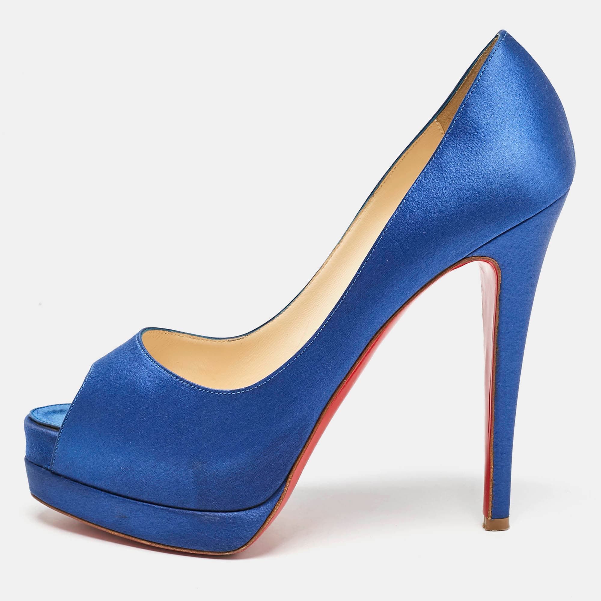 Christian Louboutin Blue Satin Palais Royal Platform Pumps Size 38