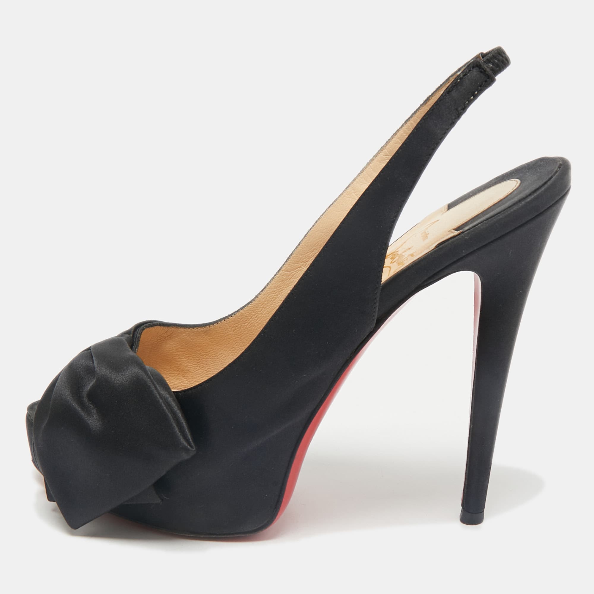 Christian Louboutin Black Satin Bow Peep Toe Platform Slingback Pumps Size 39.5
