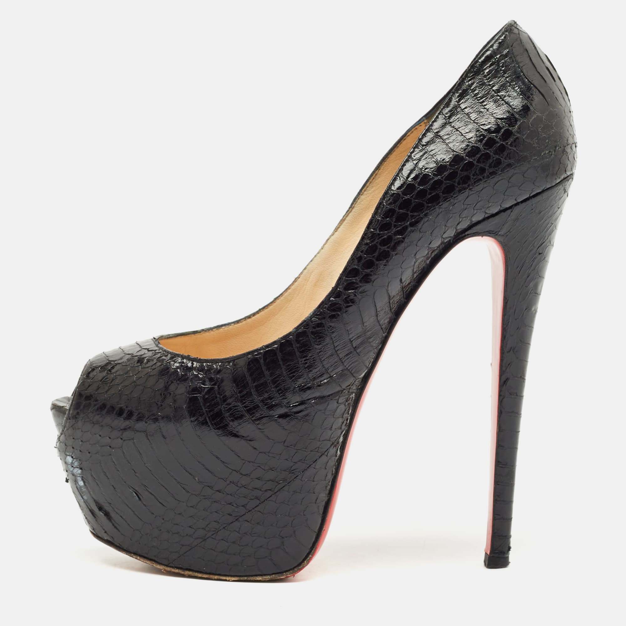 Christian Louboutin Black Python Lady Highness Peep Toe Pumps Size 39.5