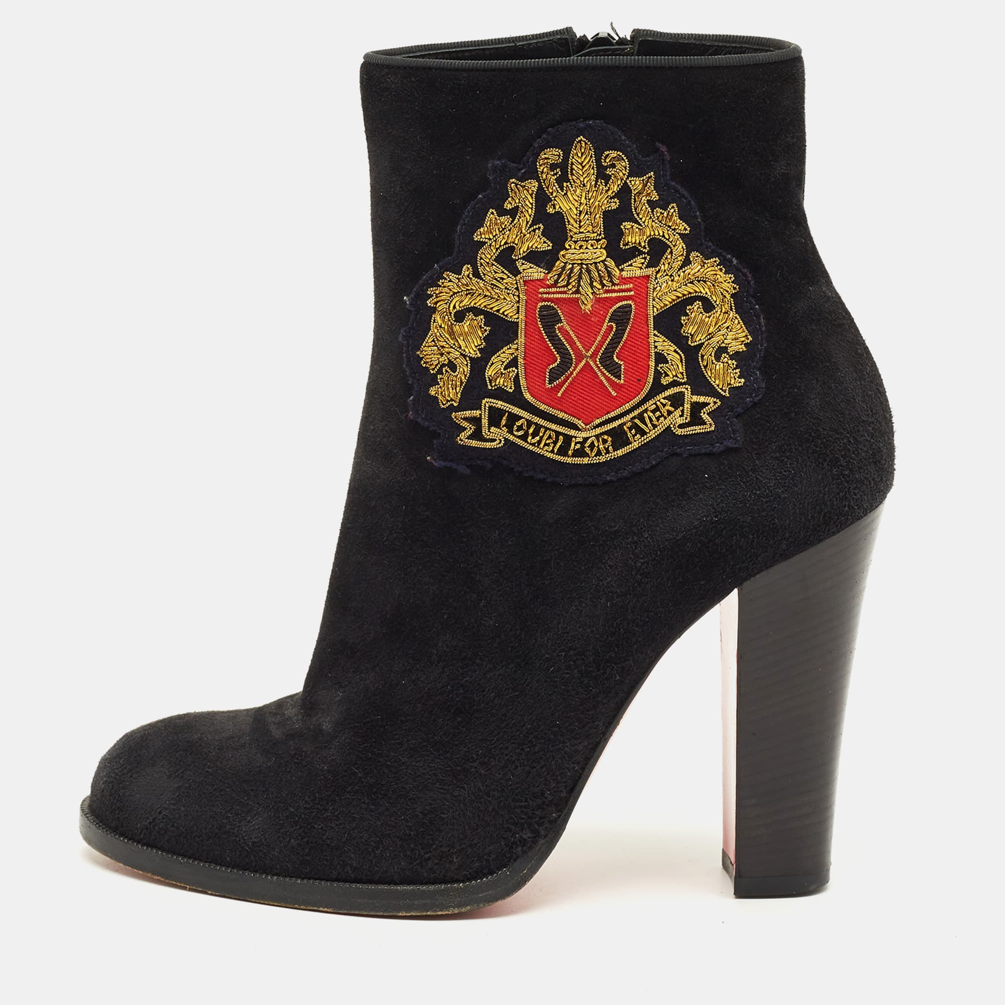 Christian Louboutin Crest Embroidered Size 37 Black Suede Ankle Length Boots