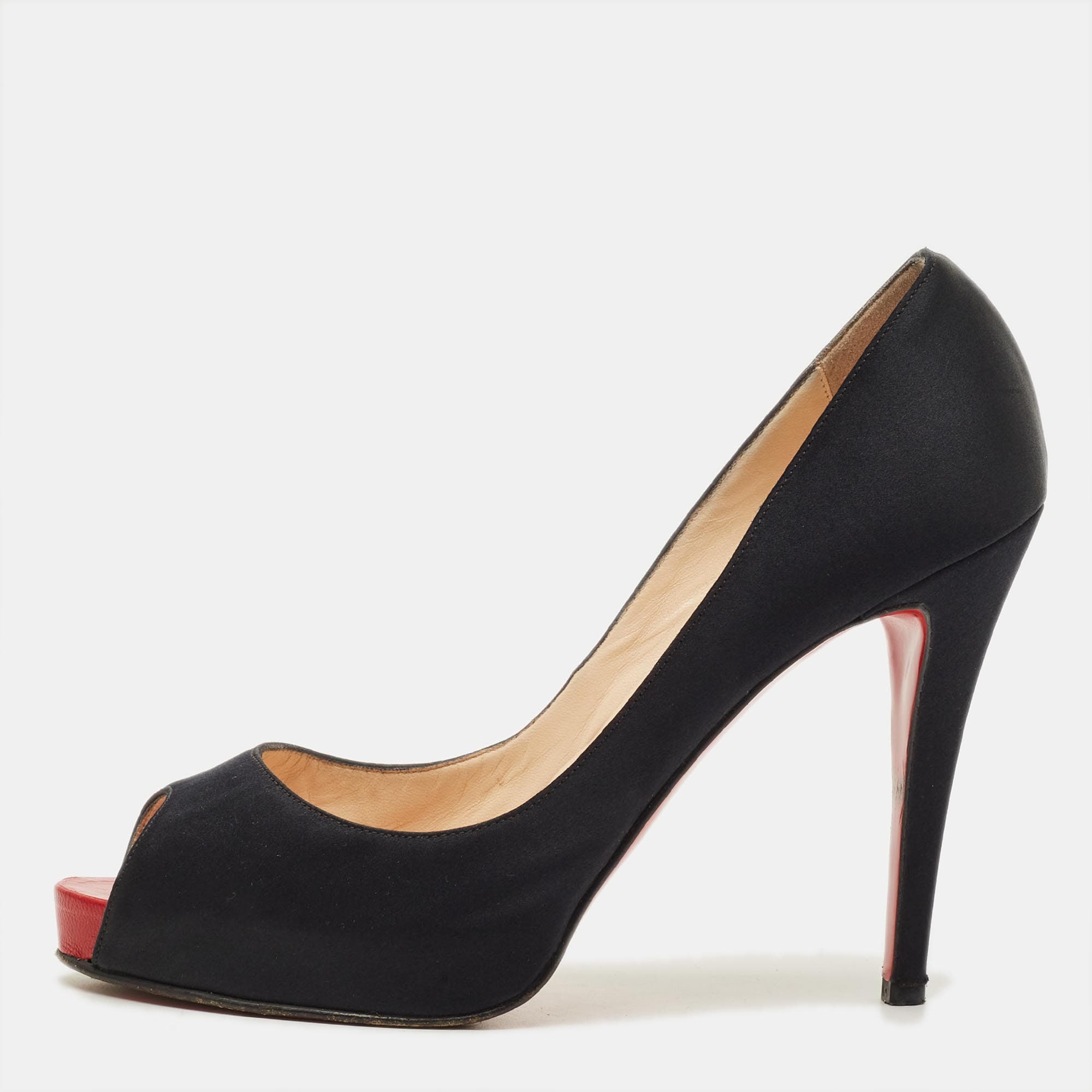 Christian Louboutin Very Prive Size 39.5 Black Satin Peep Toe Pumps