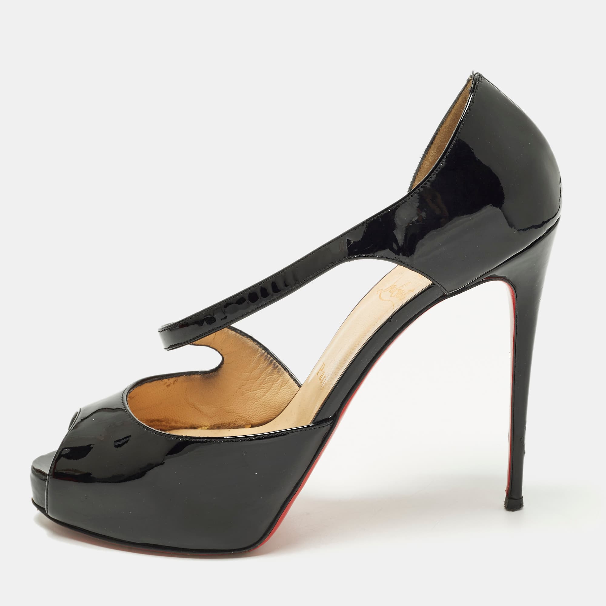 Christian Louboutin Catchy Two Size 39 Black Patent Leather Peep Toe Pumps