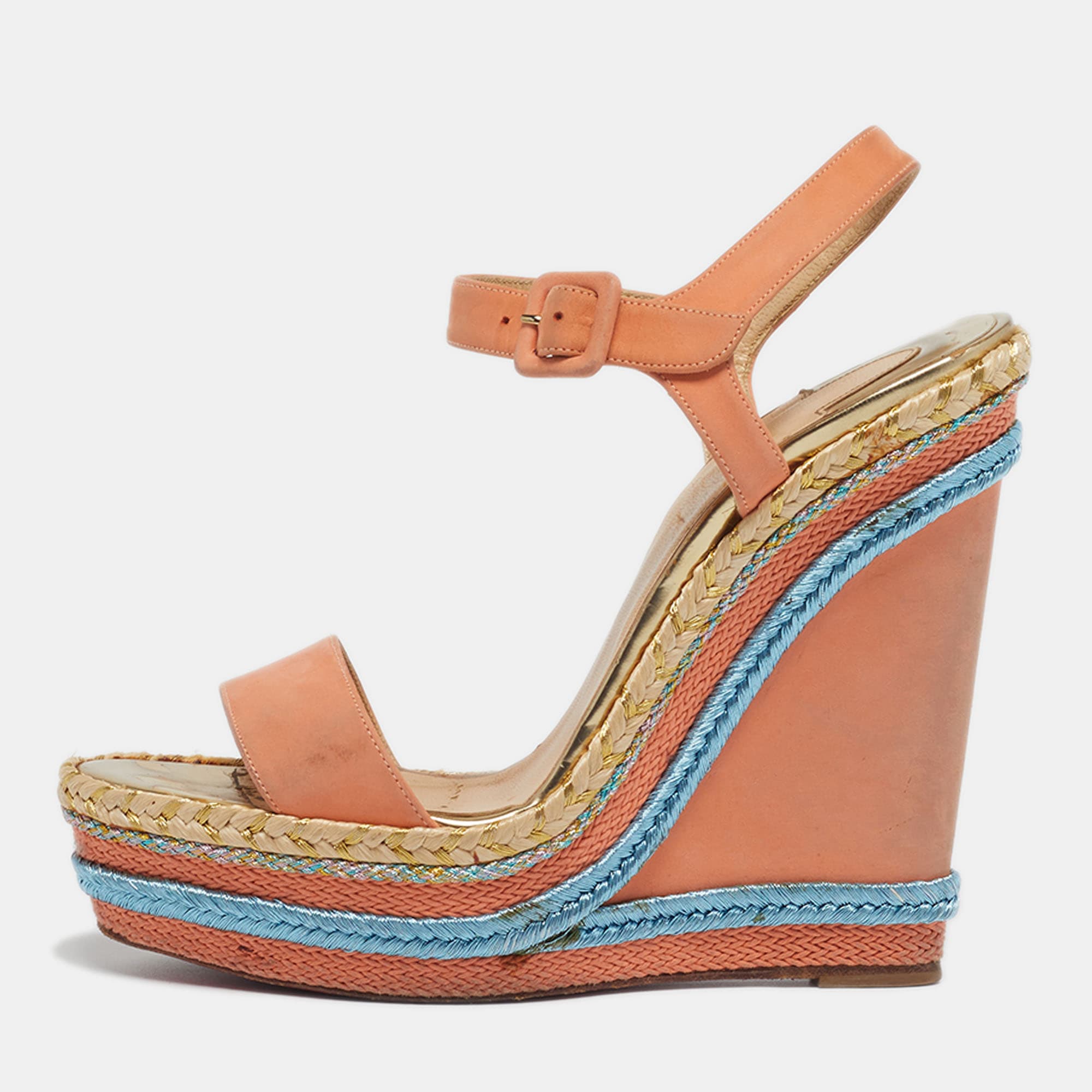 Christian Louboutin Pyraclou Size 39 Pink Nubuck Leather Wedge Sandals