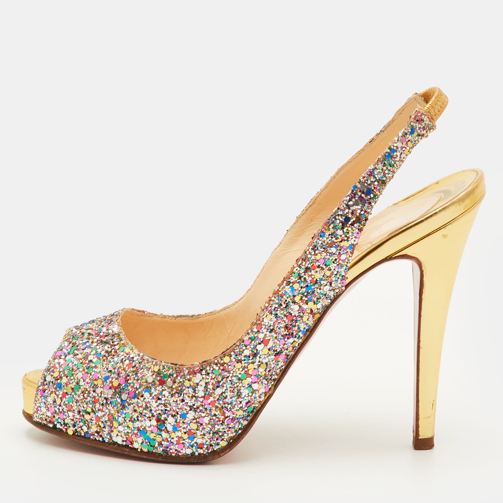 Christian Louboutin No Prive Size 36.5 Multicolor Glitter Platform Peep Toe Slingback Sandals