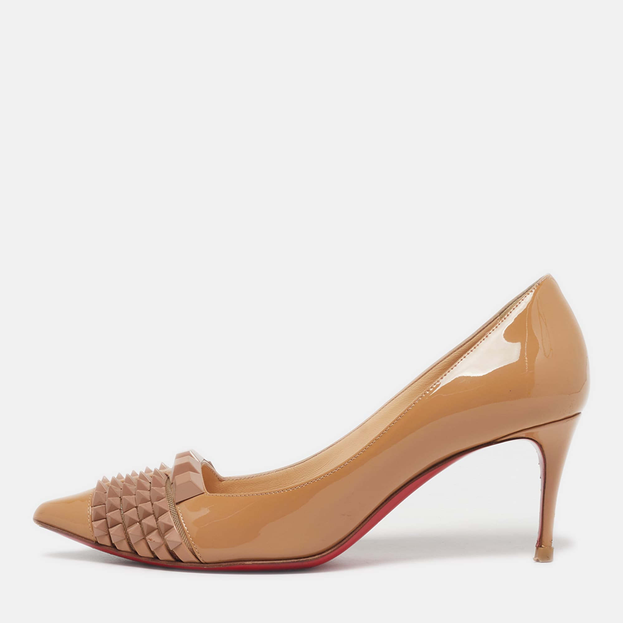 Christian Louboutin Pyrami Size 35.5 Beige Mesh and Patent Leather Pumps