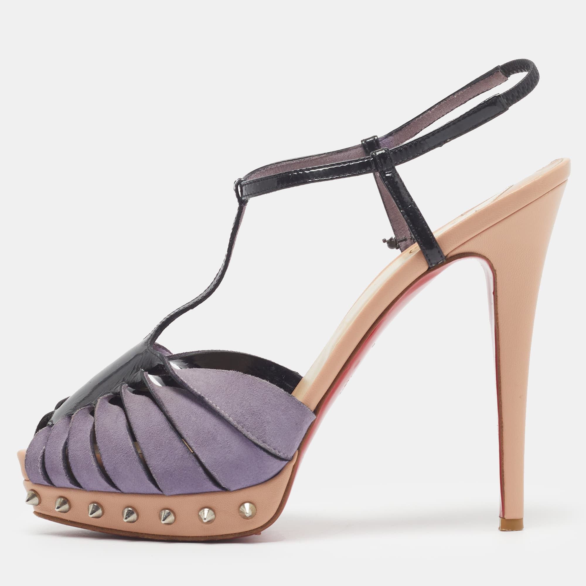 Christian Louboutin Zigounette Size 39 Tricolor Patent Leather and Suede Slingback Sandals