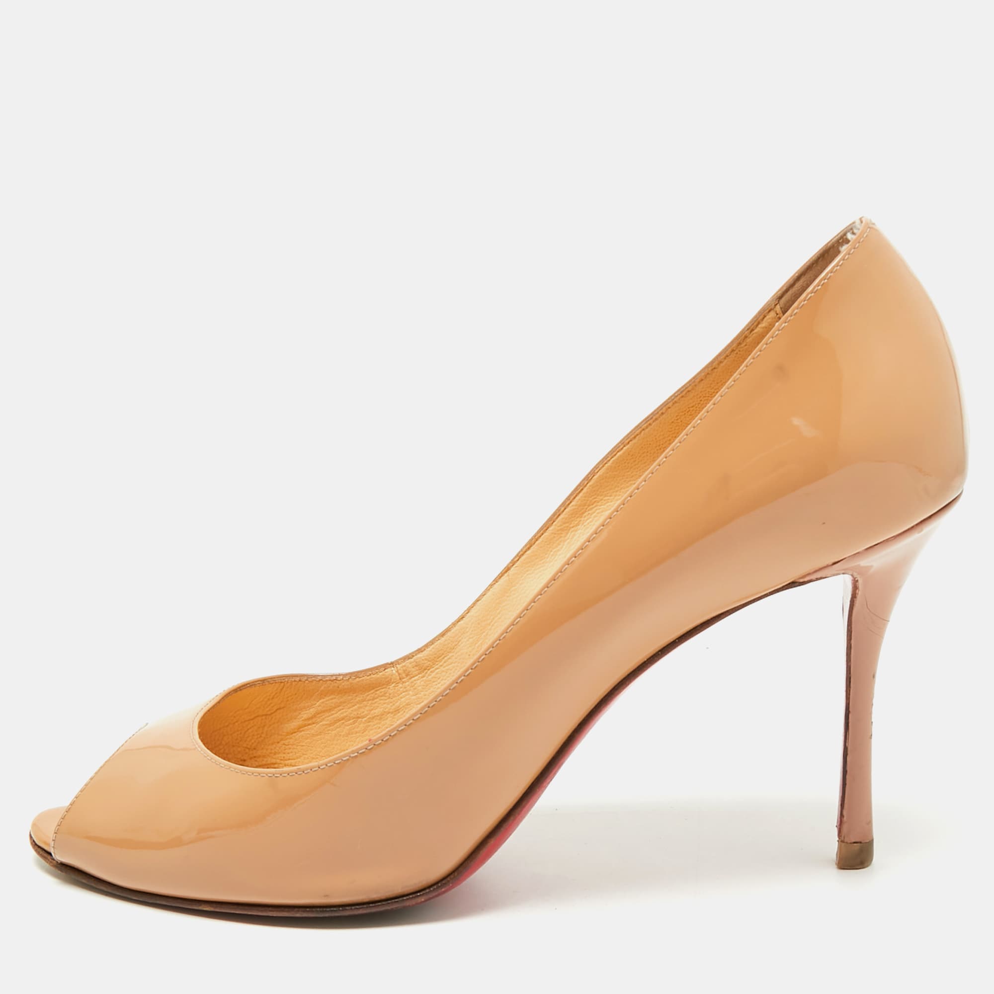 Christian Louboutin Very Prive Size 38.5 Beige Patent Leather Peep Toe Pumps