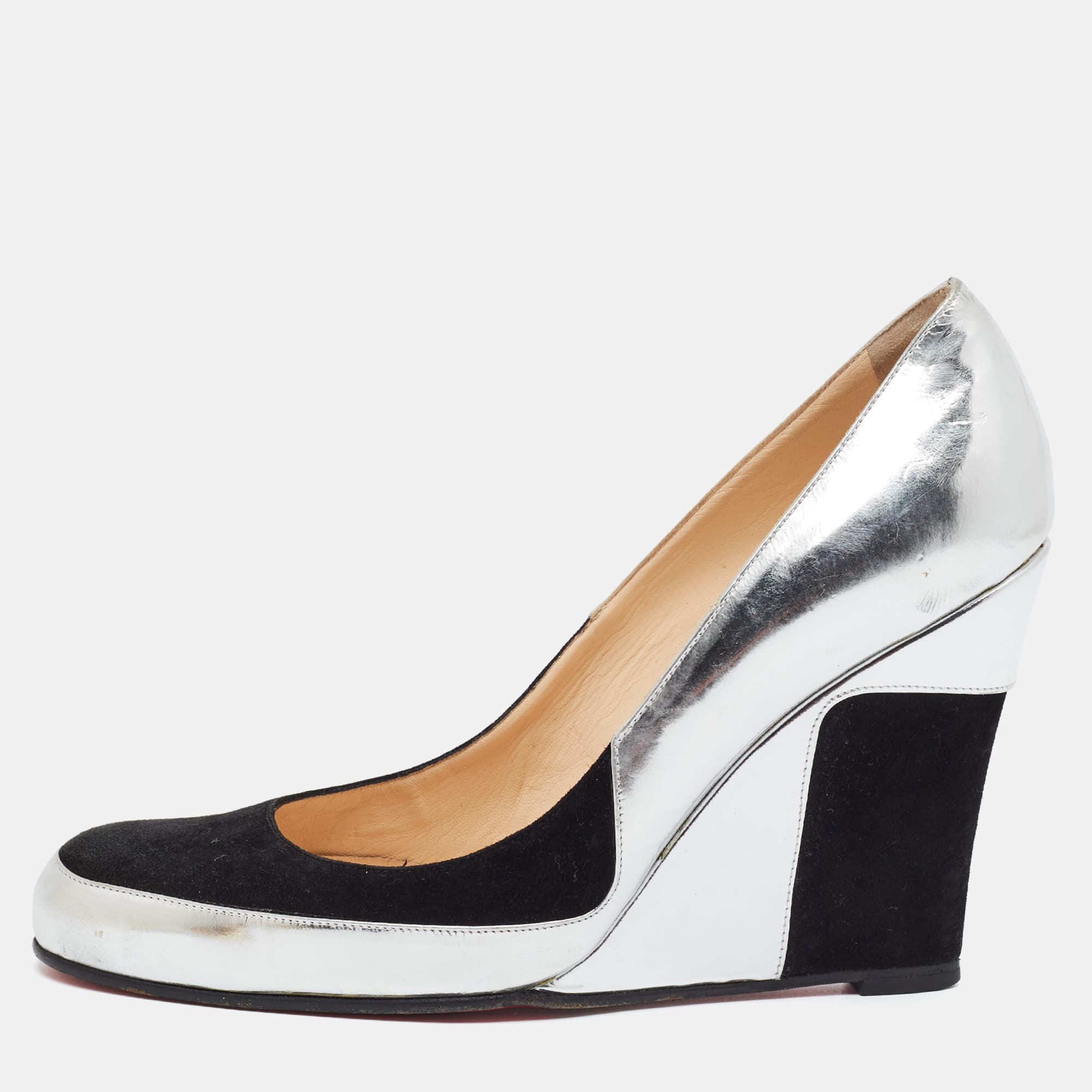 Christian Louboutin Size 38 Silver/Black Patent Leather and Suede Wedge Pumps