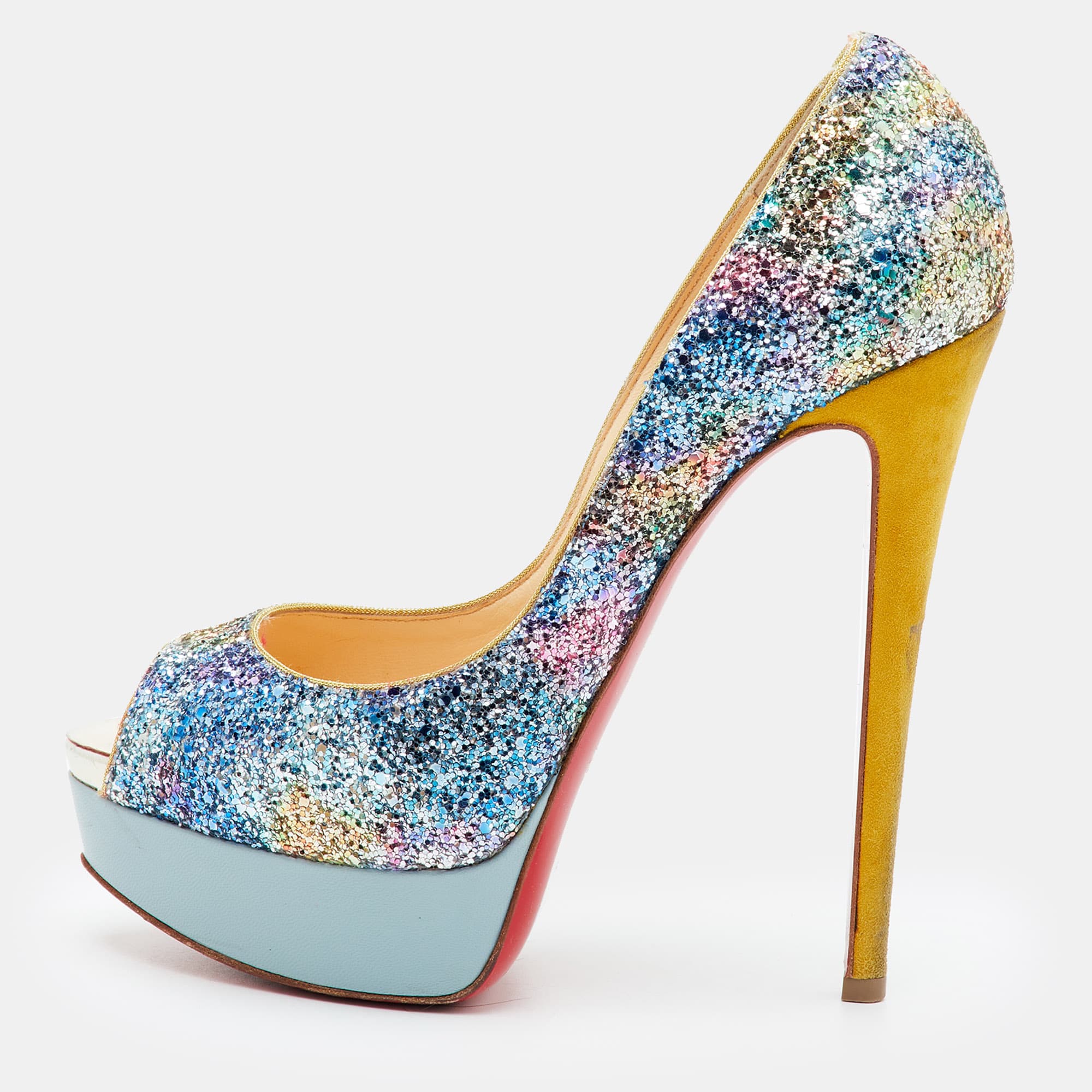 Christian Louboutin Lady Peep Size 37 Multicolor Glitter Peep Toe Platform Pumps