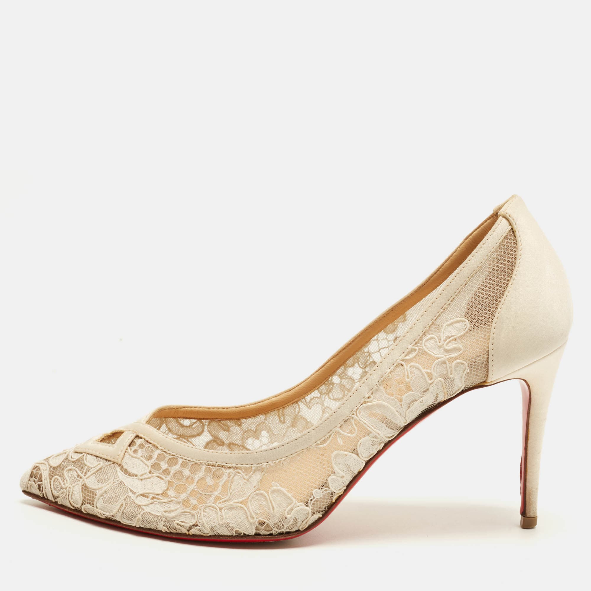 Christian Louboutin Neoalta Size 37 White Lace and Satin Pumps