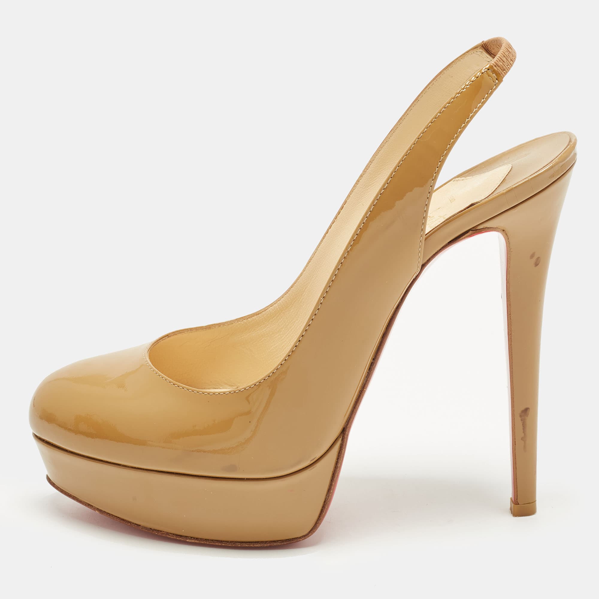 Christian Louboutin Bianca Size 38.5 Beige Patent Leather Platform Slingback Pumps