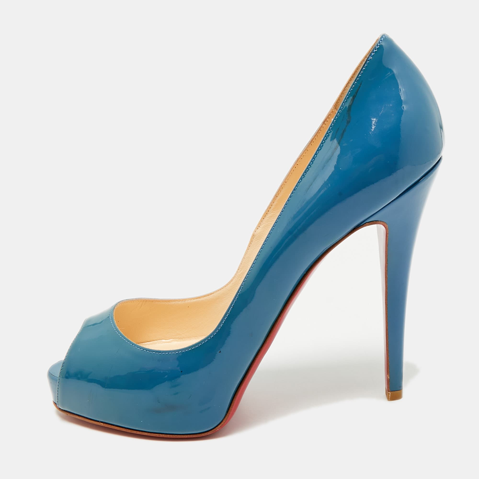 Christian Louboutin Very Prive Size 38.5 Blue Patent Leather Peep Toe Pumps