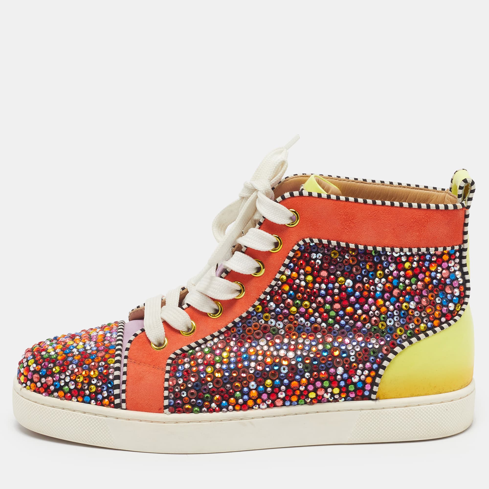 Christian Louboutin Louis Size 36.5 Multicolor Leather and Suede Strass Embellished High Top Sneakers