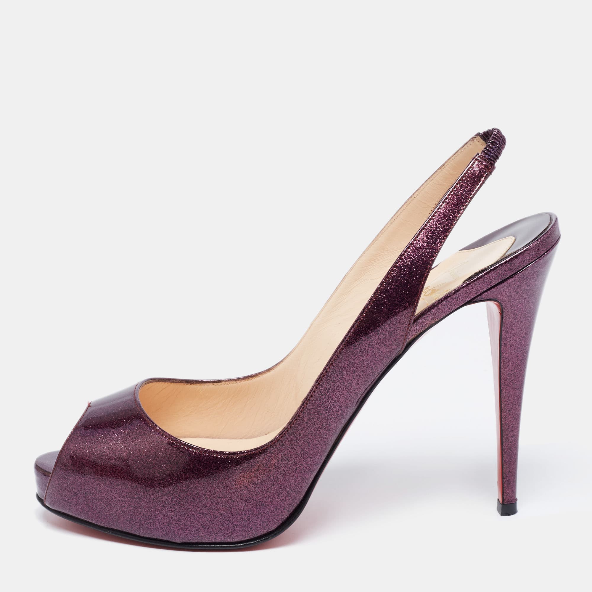 Christian Louboutin Purple Glitter Patent Leather No Prive Peep-Toe Slingback Sandals Size 41