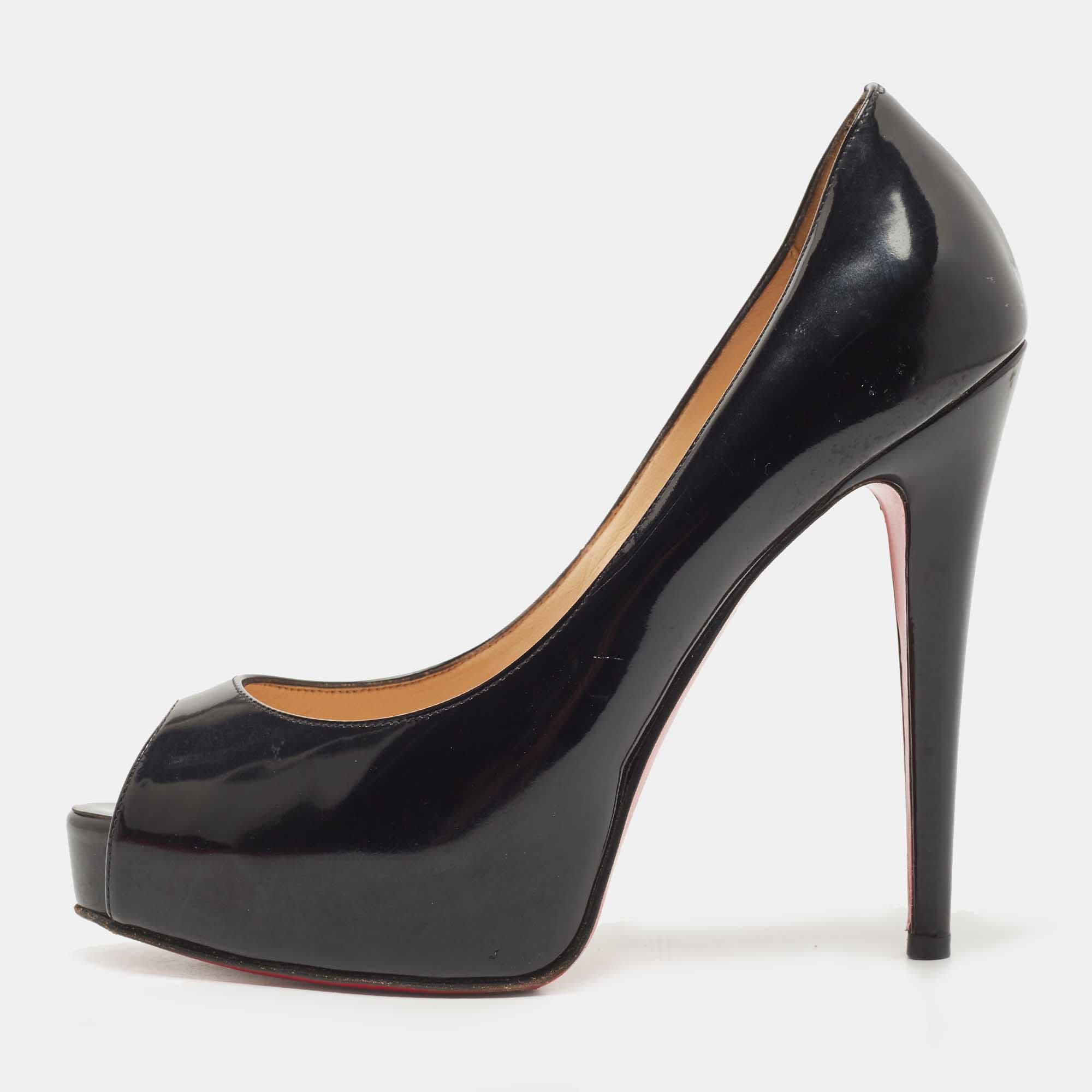 Christian Louboutin Very Prive Size 36.5 Black Patent Leather Peep Toe Pumps