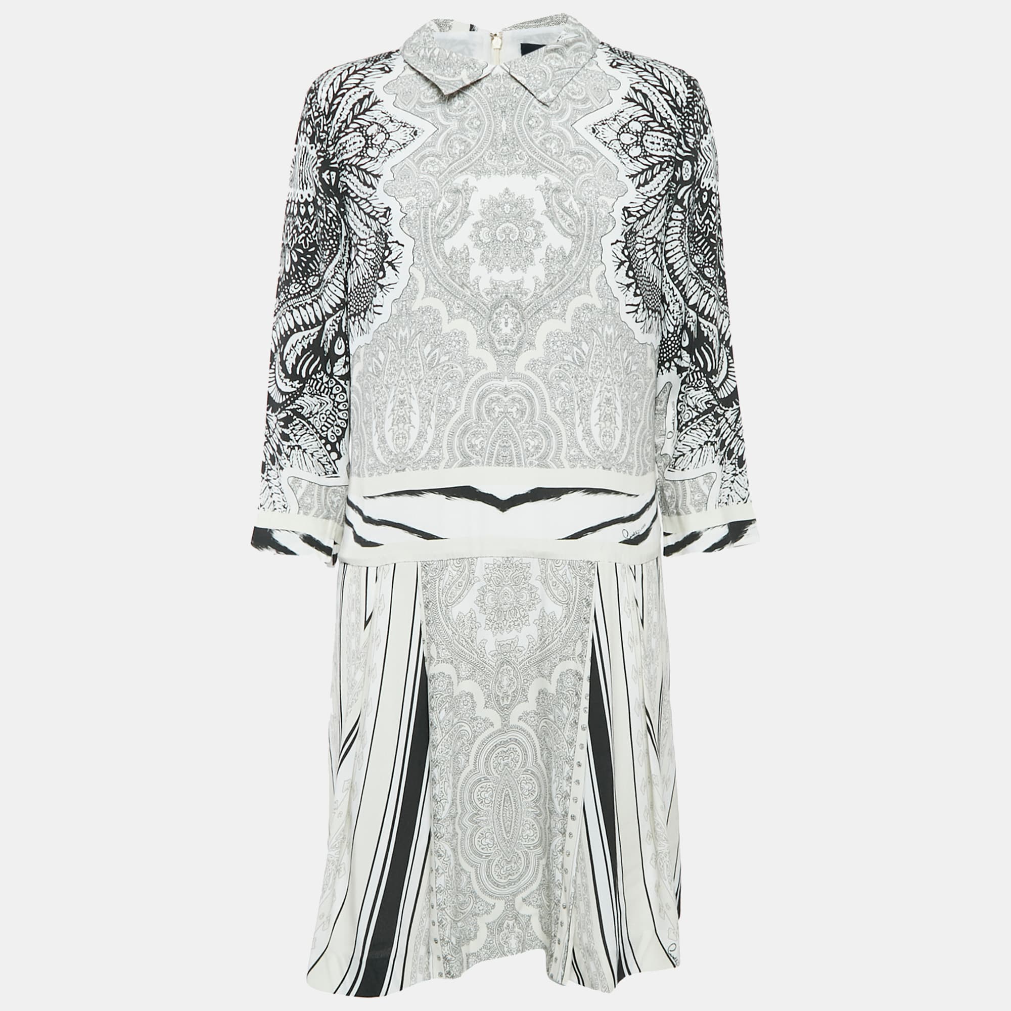 Class by Roberto Cavalli White/Black Printed Crepe Short Dress L
