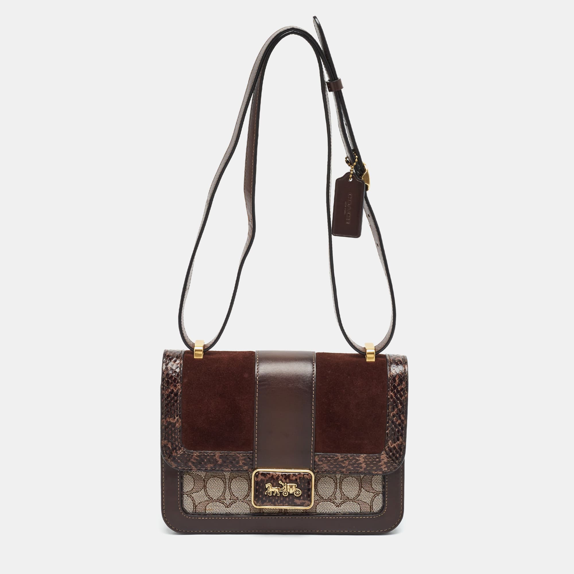 Coach Alie Dark Brown/Beige Jacquard Canvas,Suede and Snake Trim Shoulder Bag