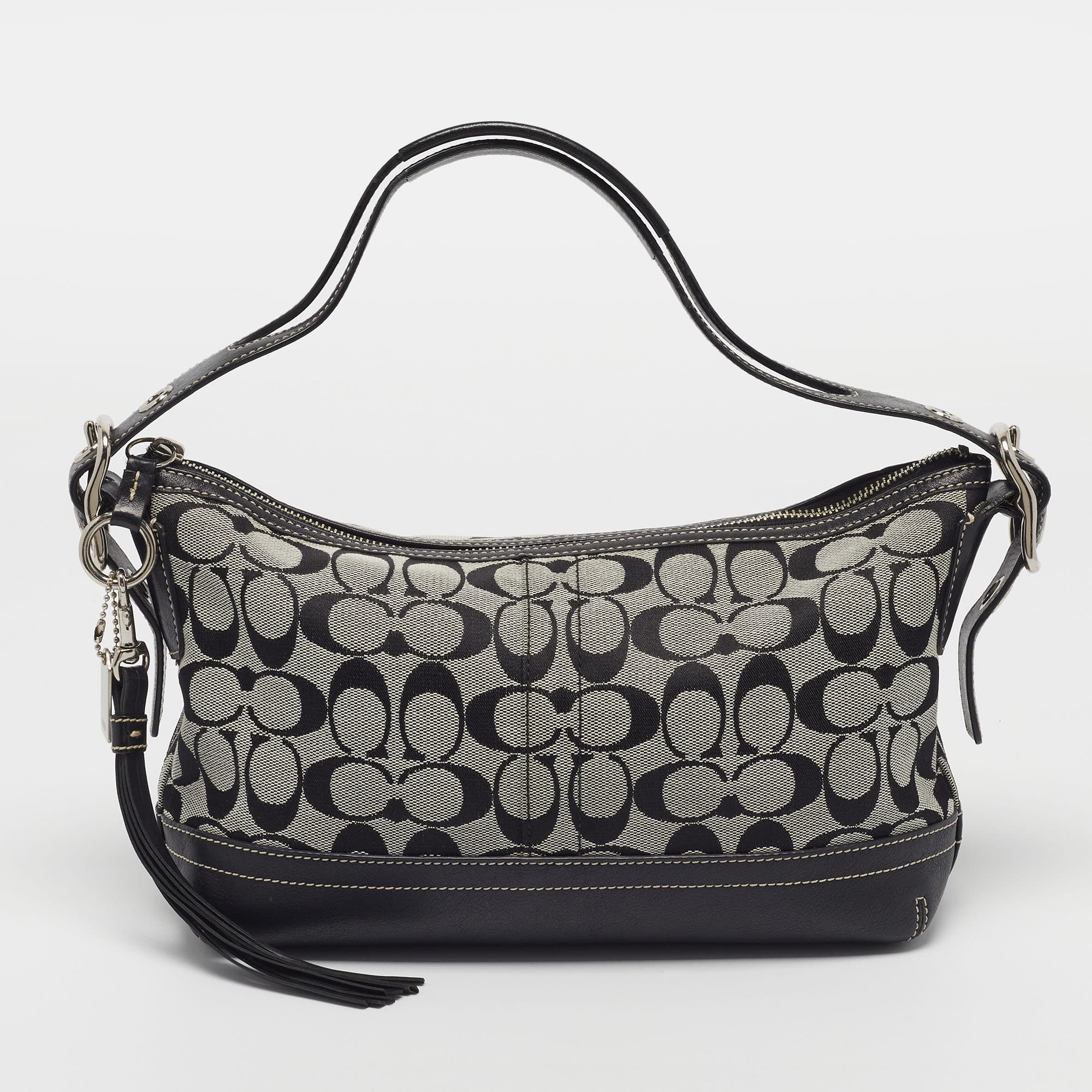 Coach Tassel Black/Grey Signature Canvas and Leather Shoulder Bag