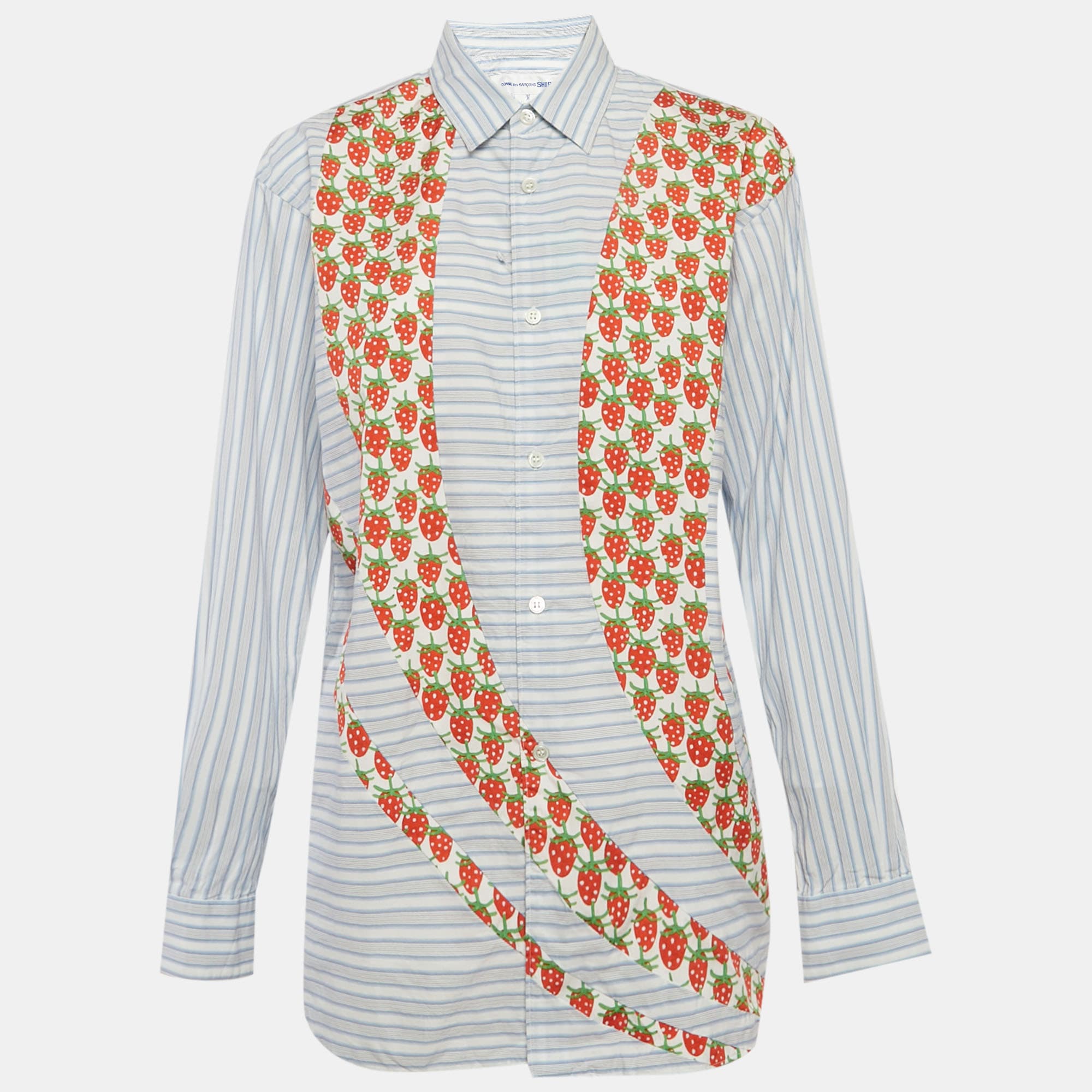 Comme des Garcons Blue Striped Strawberry Print Cotton Shirt M