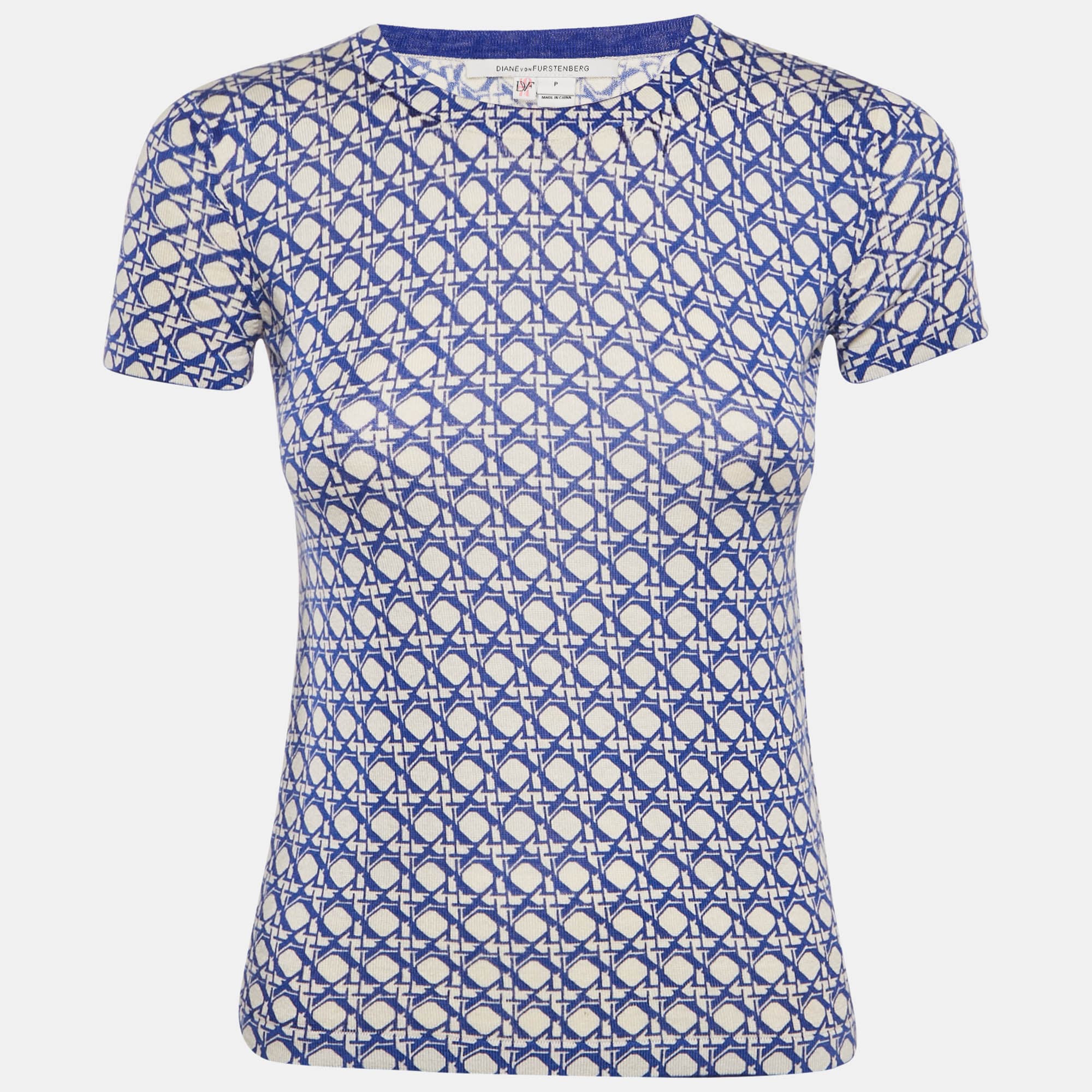 Diane Von Furstenberg Blue Printed Silk Blend Knit Top XS