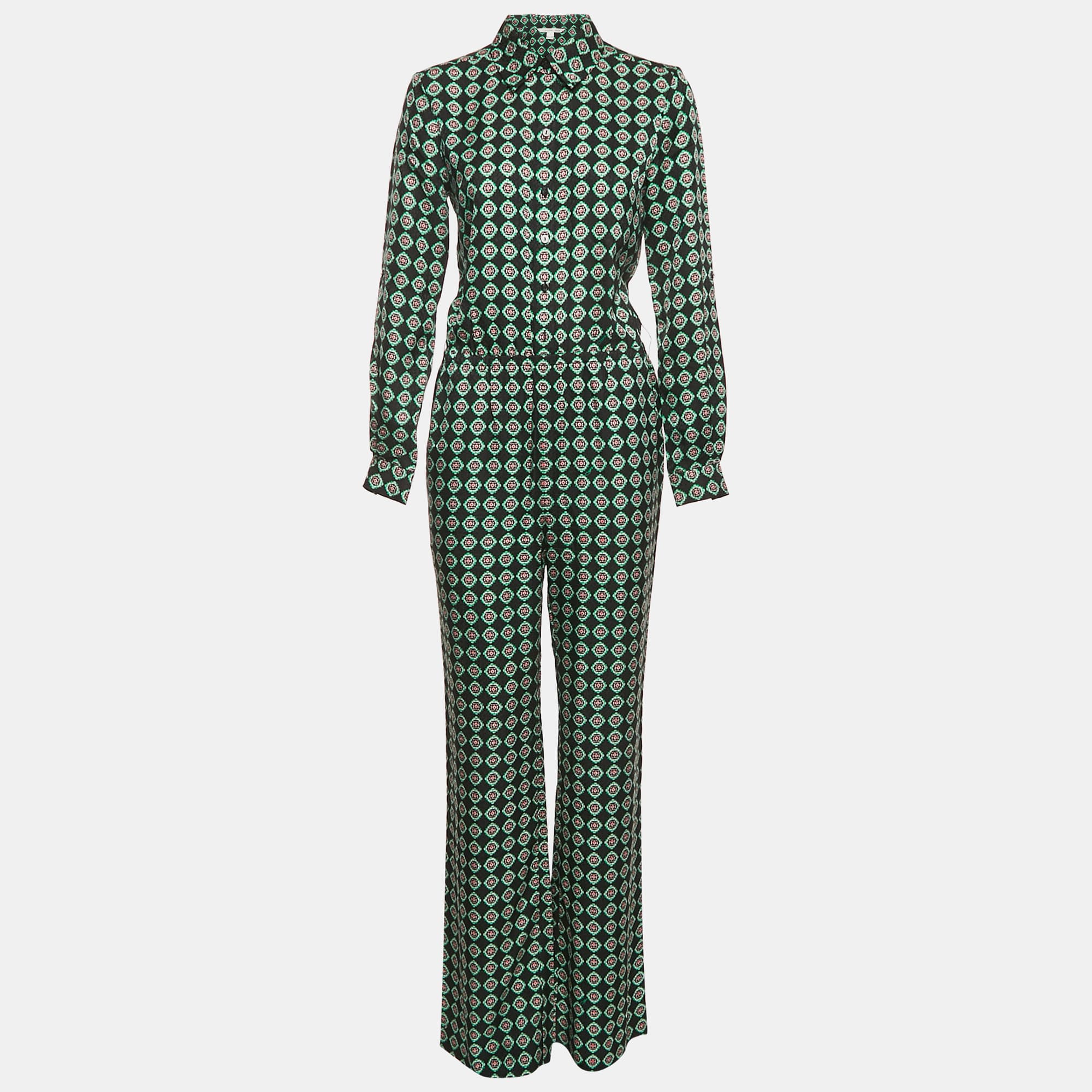 Diane Von Furstenberg Black Printed Silk Flared Jumpsuit S