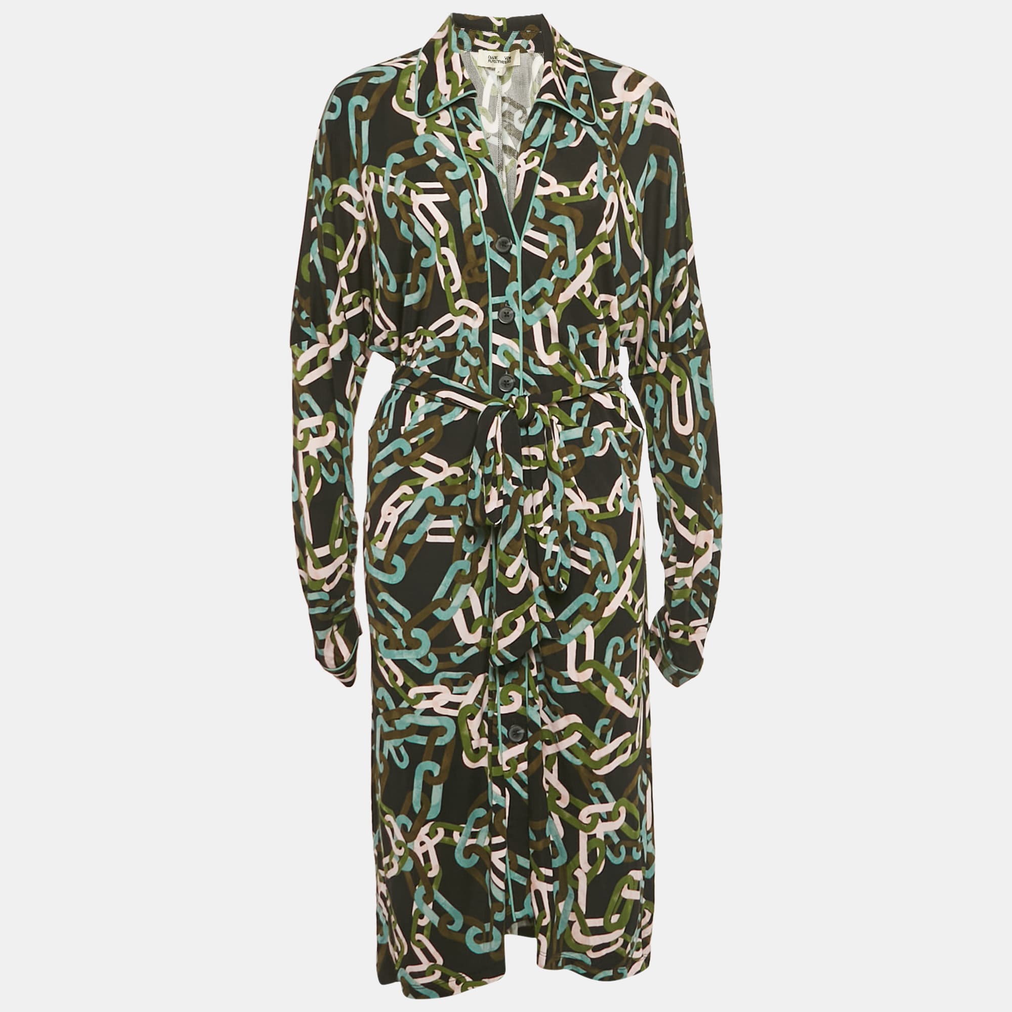 Diane Von Furstenberg Black Carrie Chain Print Jersey Button Front Belted Dress M