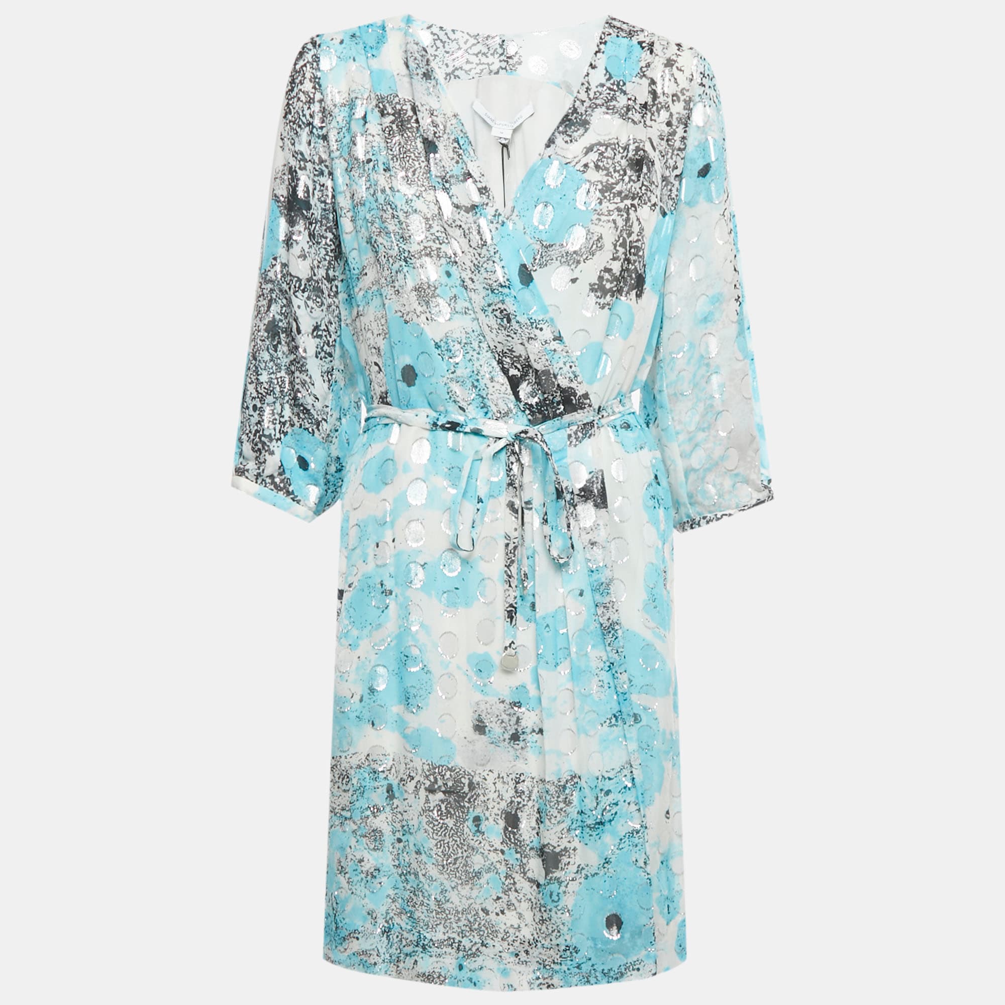 Diane Von Furstenberg Blue /Sliver Printed Met Dot Silk Short Wrap Dress L