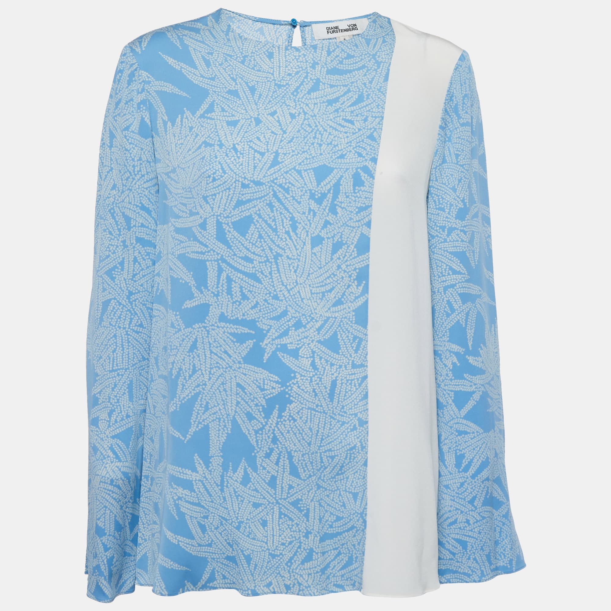 Diane Von Furstenberg Blue Printed Silk Contrast Top M
