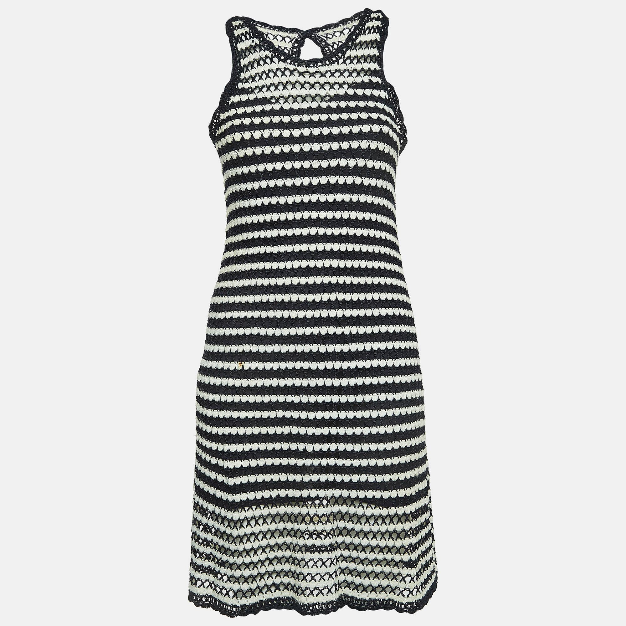 Diane Von Furstenberg Navy Blue/White Crochet Knit Sleeveless Short Dress S