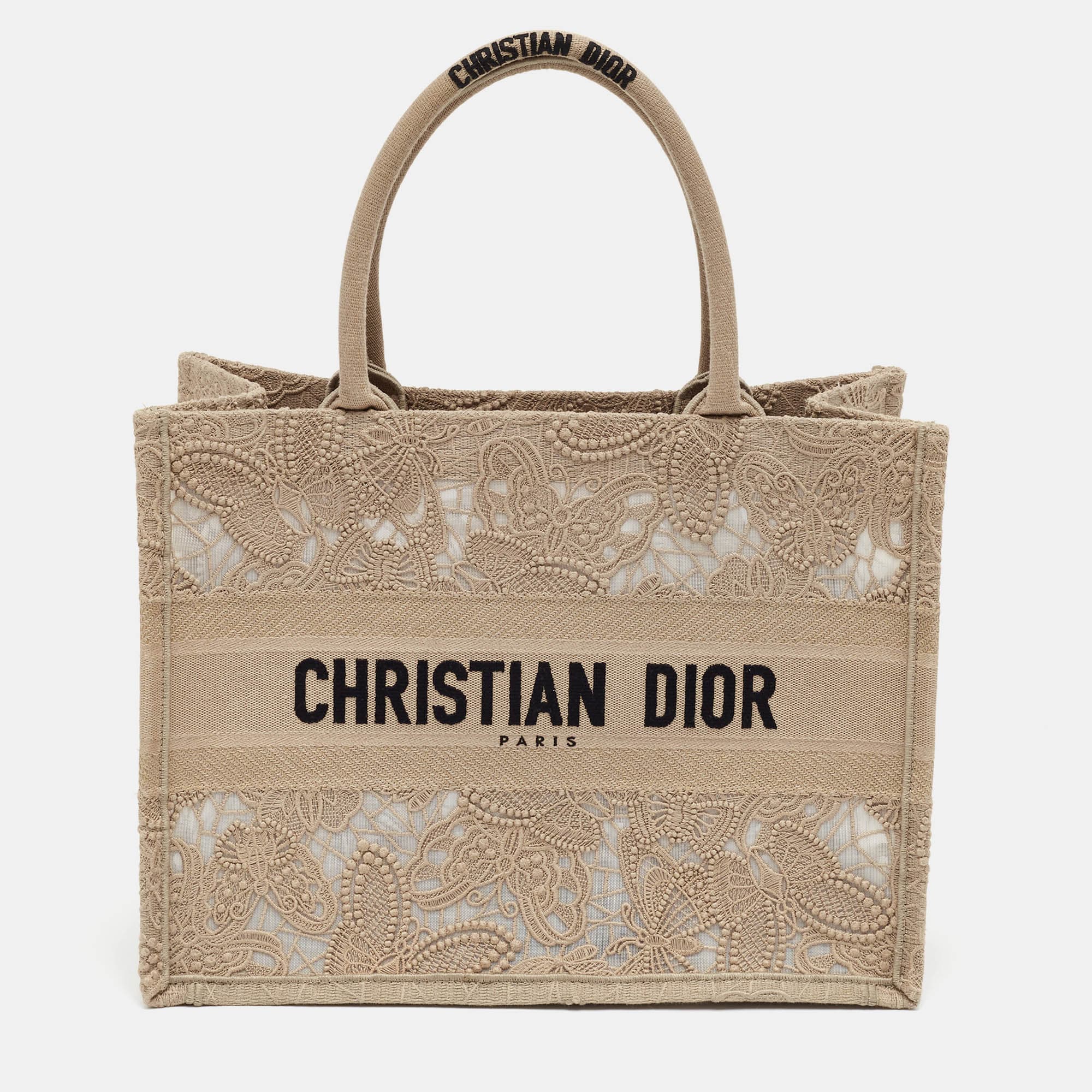Dior Book Medium Beige Embroidered 3D Macrame Butterfly Mesh Tote