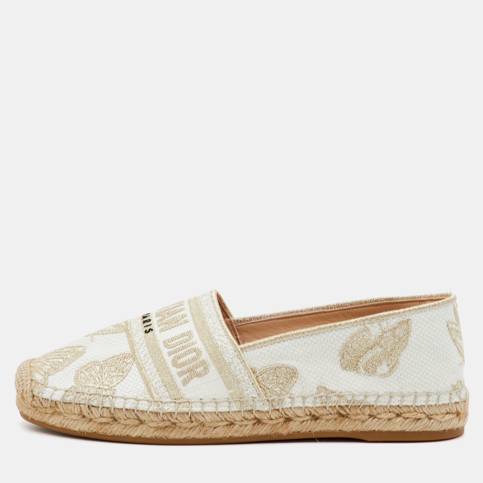 Dior Granville Size 37.5 White/Gold Embroidered Canvas Espadrille Flats