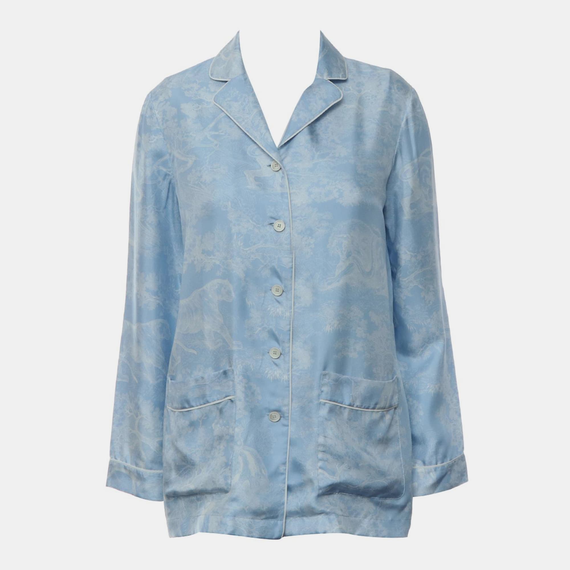 Christian Dior Chez Moi Céleste Blue Toile de Jouy Palms Silk Twill Women's Pajama Shirt S