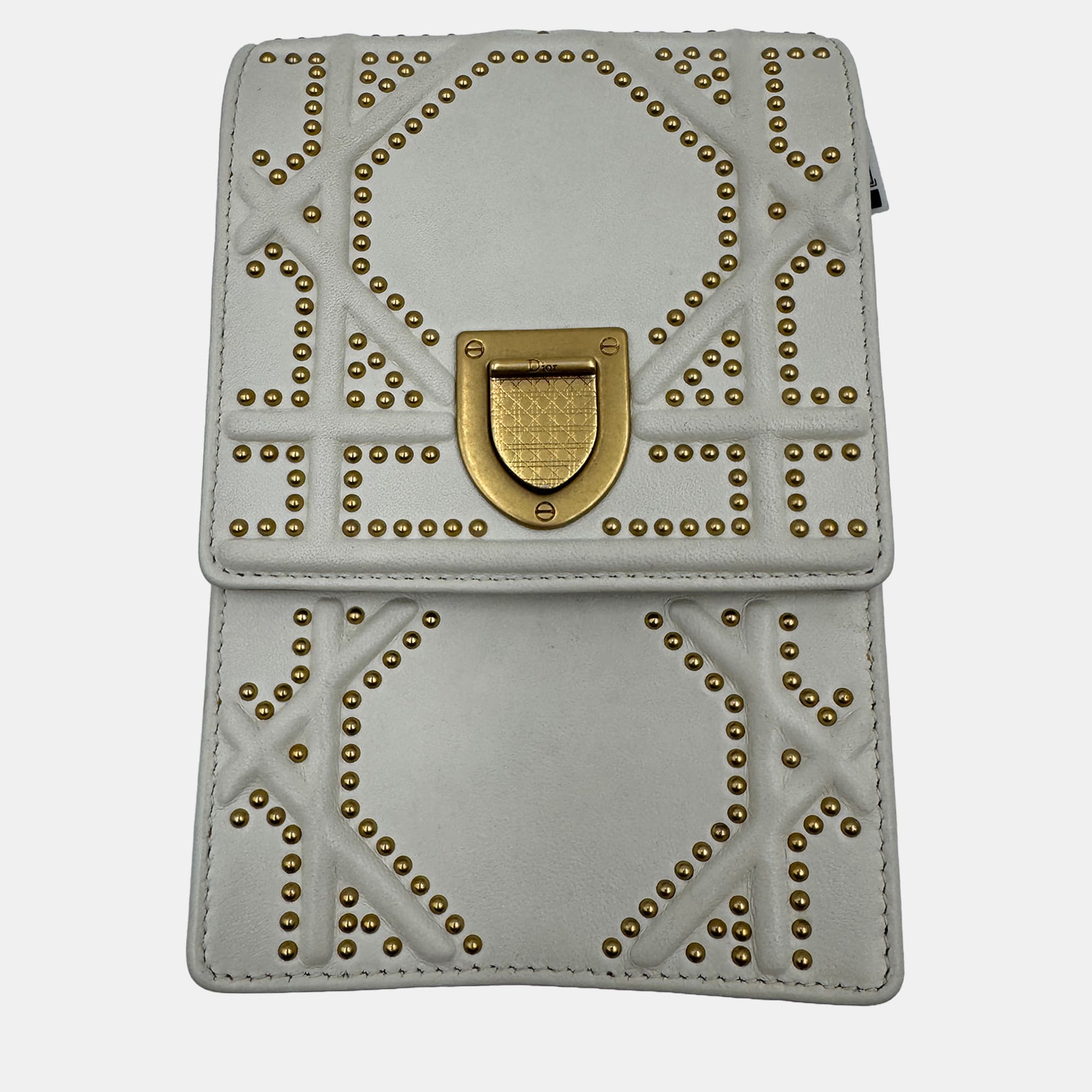 Dior white Leather Studded Diorama Vertical Chain Clutch