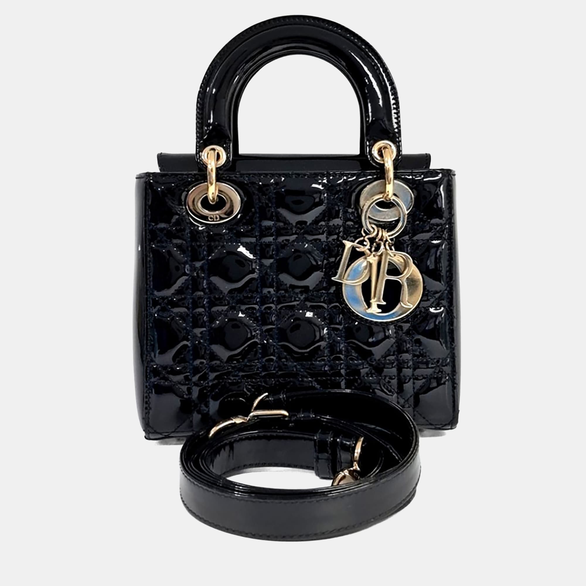 Dior Lady Dior Small Black Patent Leather Top Handle Bag