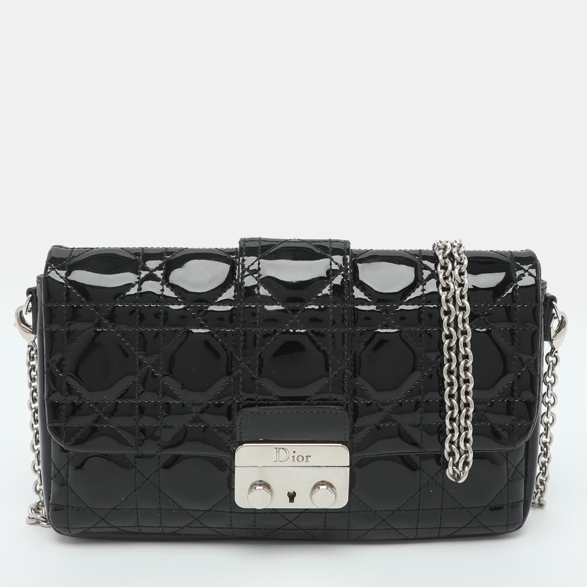 Dior Miss Dior Promenade Black Cannage Patent Leather Chain Crossbody Bag