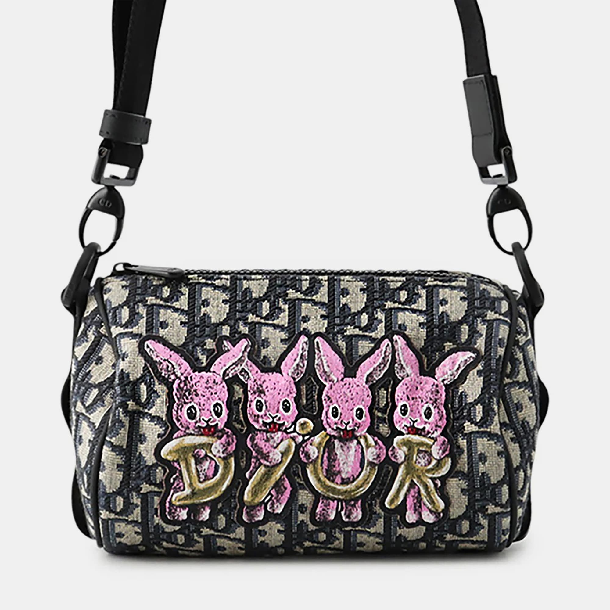 Dior Oblique Kids Rabbit Roller Mini Black Beige Pink Canvas Shoulder Bag