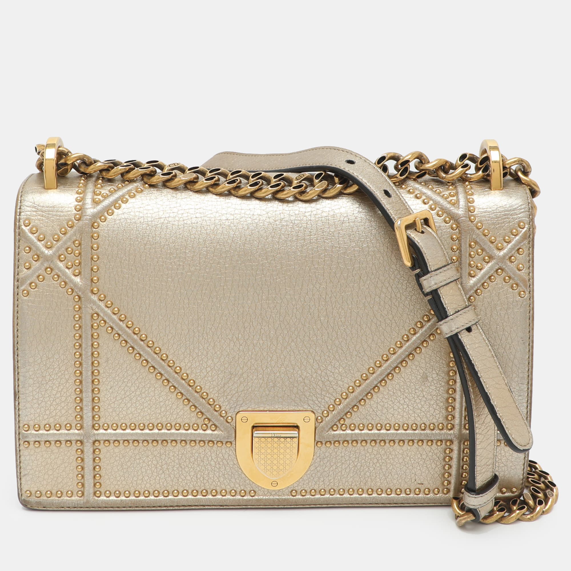 Dior Diorama Medium Gold Leather Studded Flap Shoulder Bag