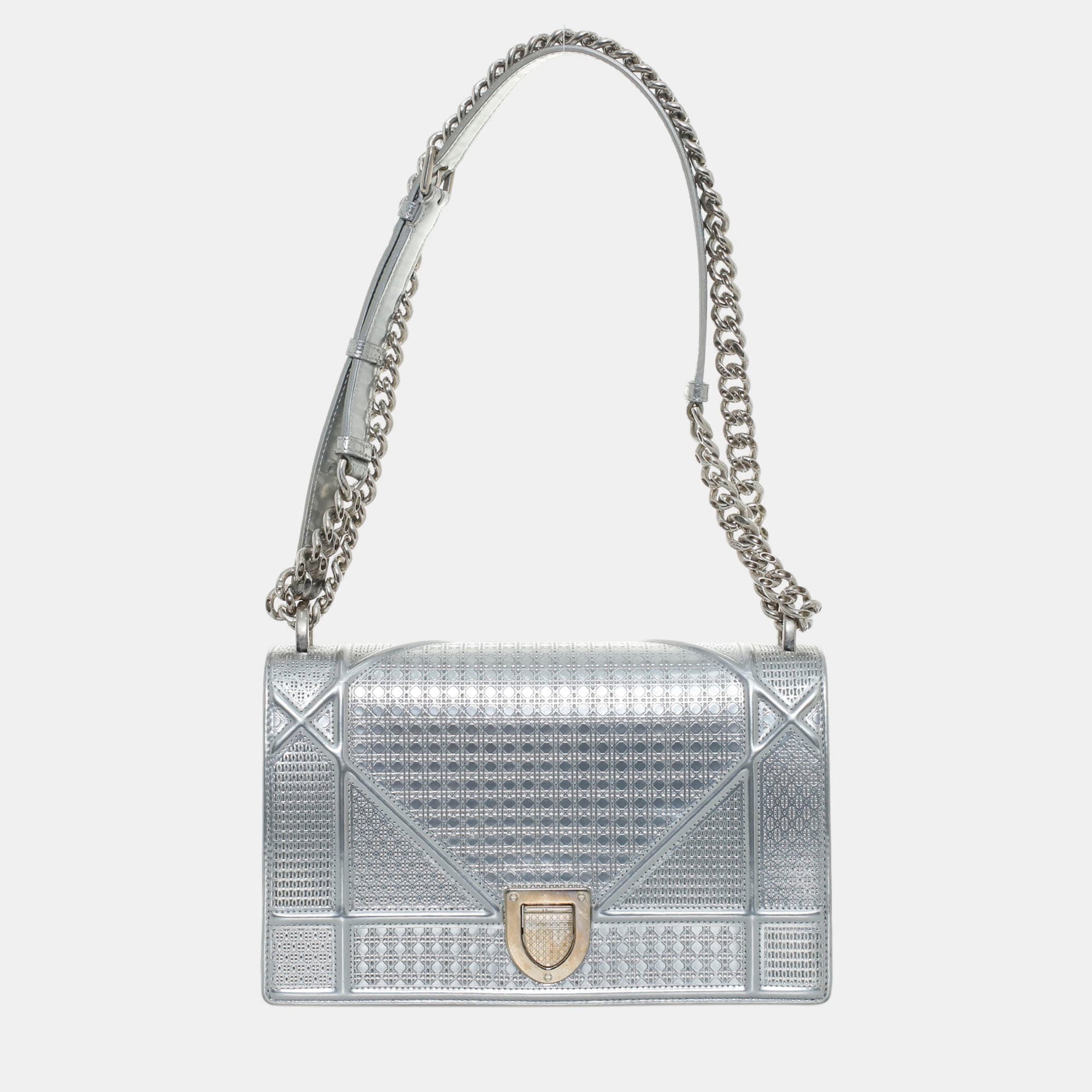 Dior Diorama Medium Silver Mirrored Calfskin Leather Flap Bag