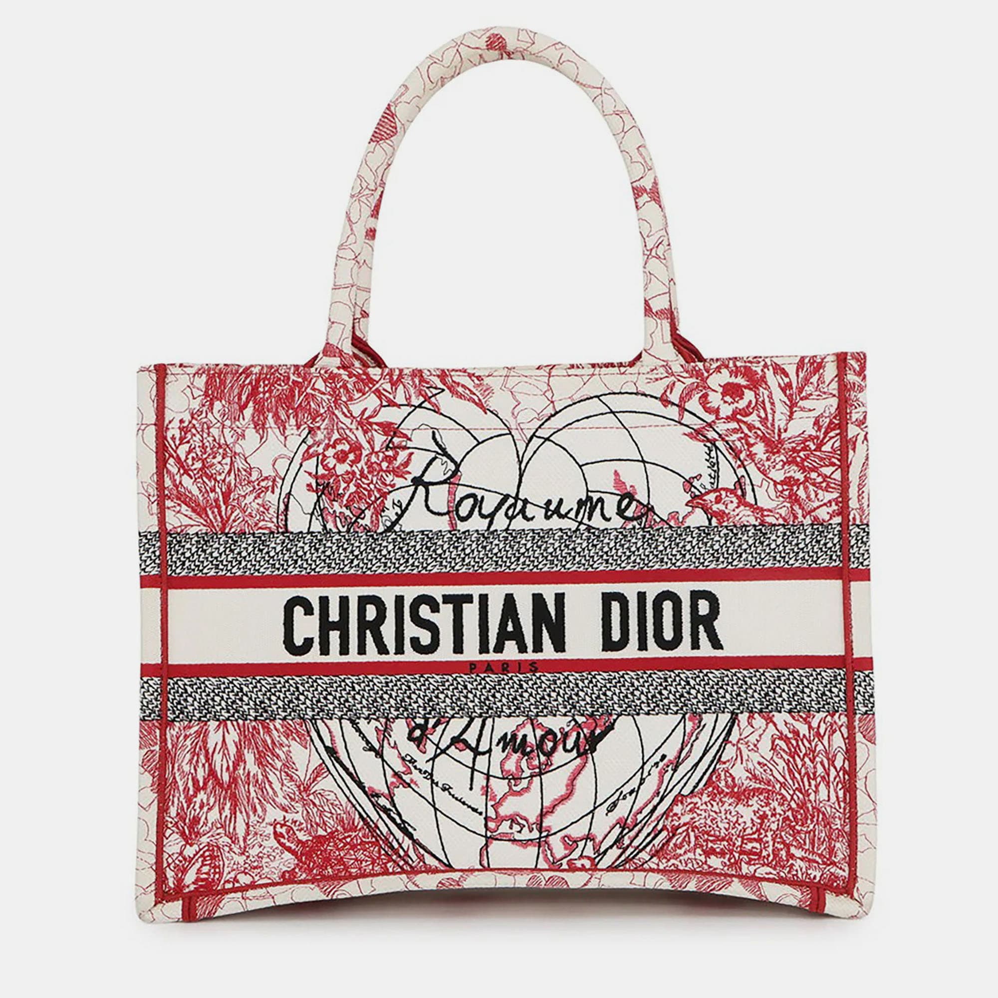 Dior Book Tote Medium White Red Black Canvas Tote Bag