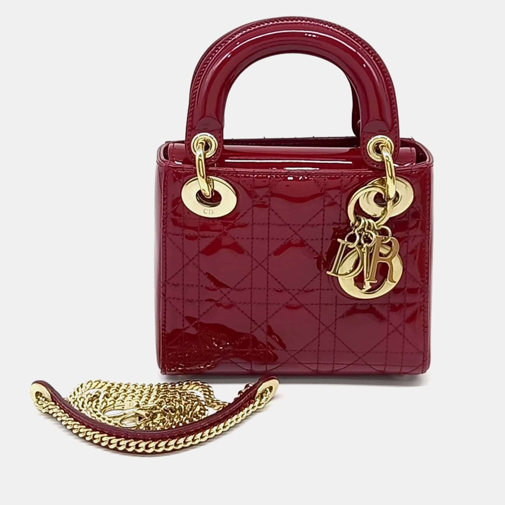 Christian Dior Lady Dior Mini Red Patent Cannage Leather Top Handle Bag