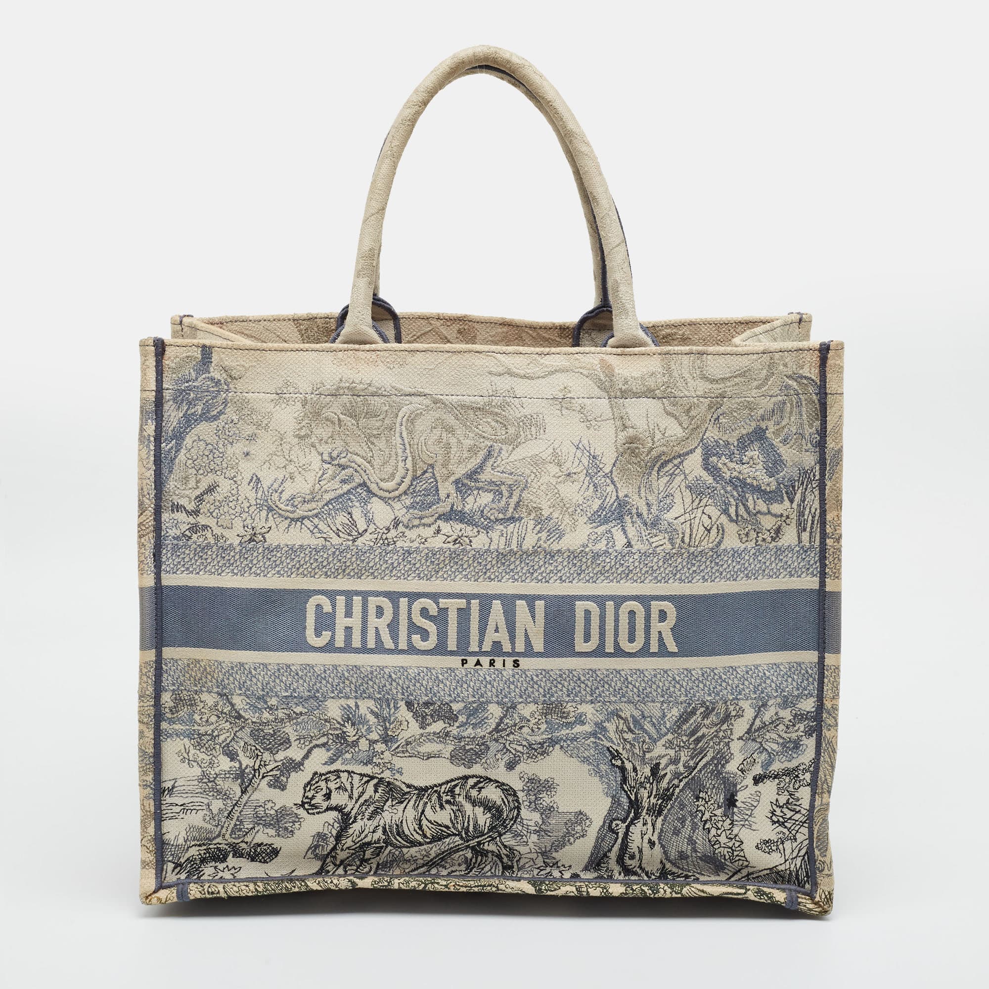 Dior Book Large Grey Toile de Jouy Embroidered Canvas Tote