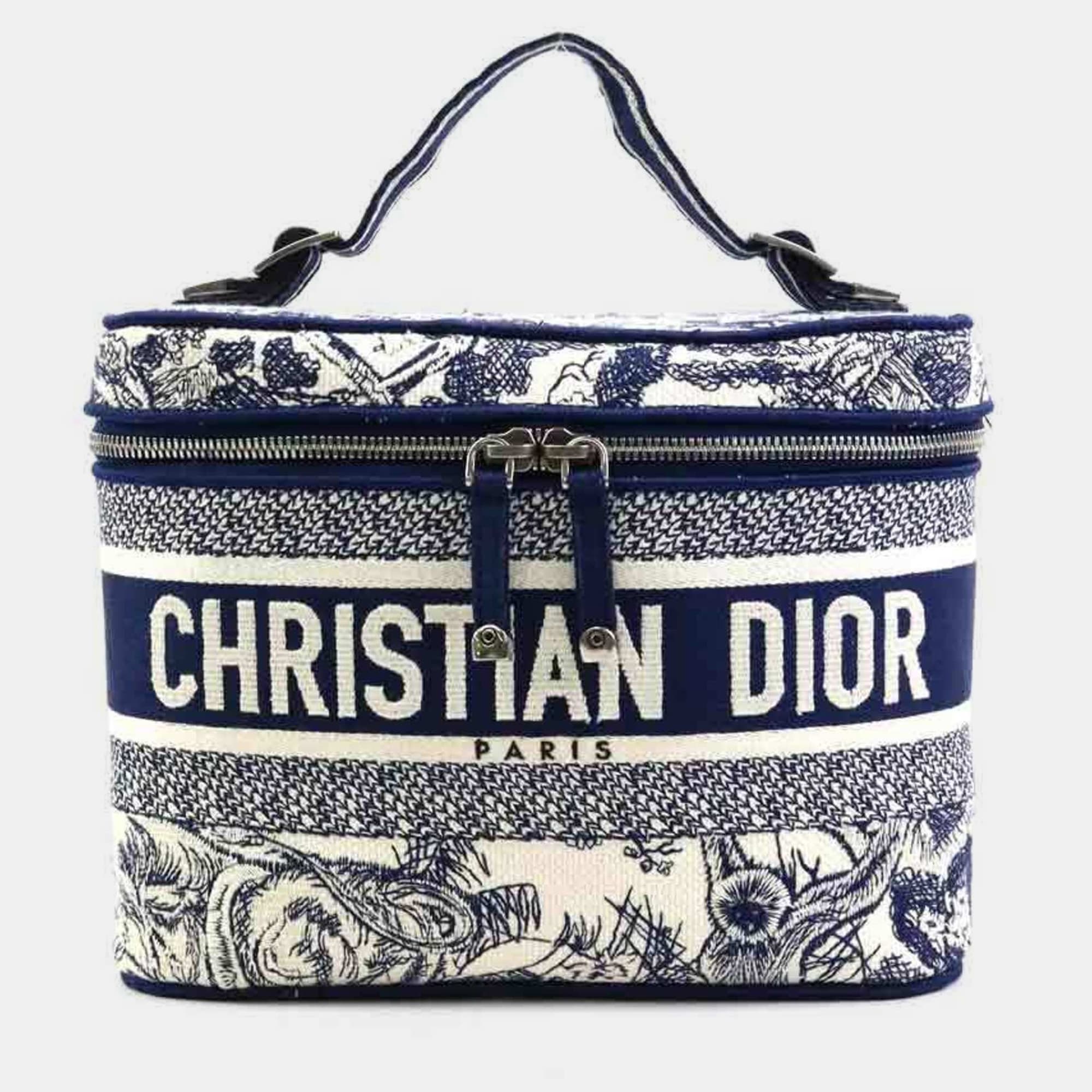 Christian Dior DiorTravel Small Blue White Toile de Jouy Embroidered Canvas Travel Vanity Case Bag