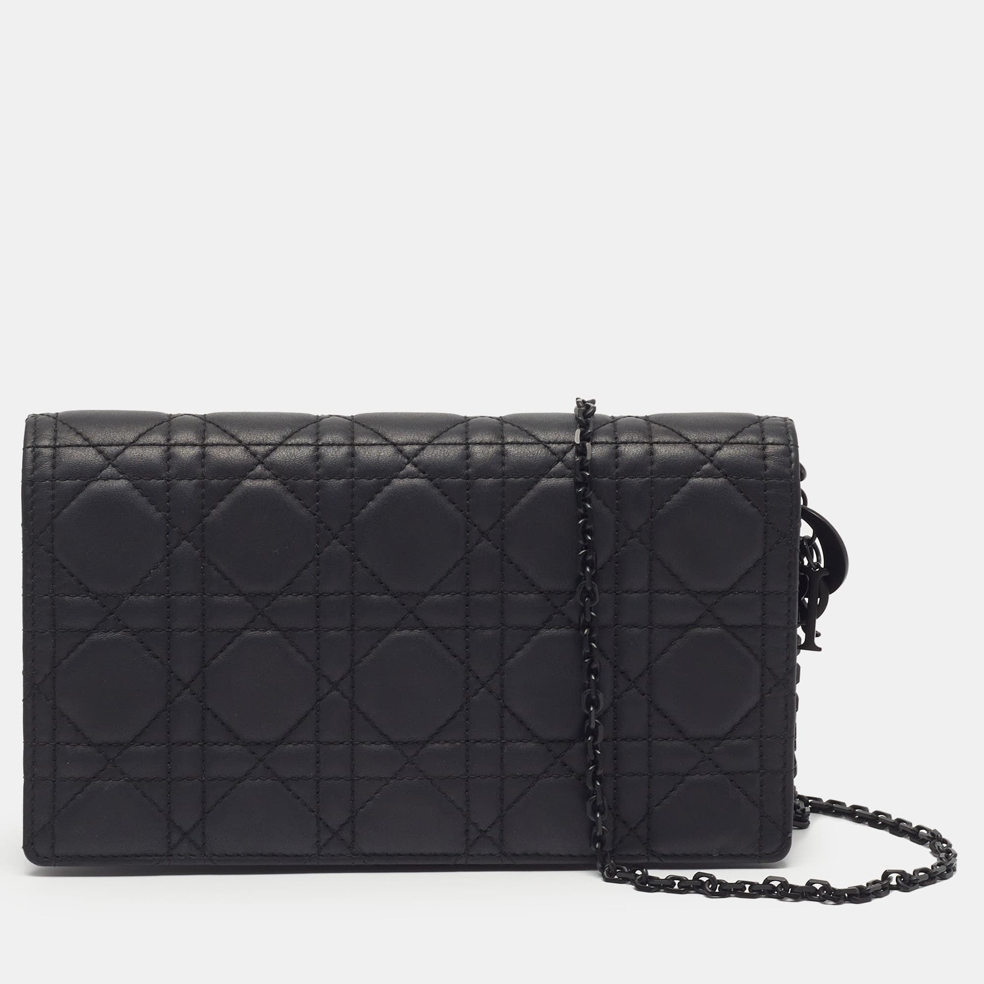 Dior Lady Dior Ultra Matte Black Cannage Leather Pouch with Chain