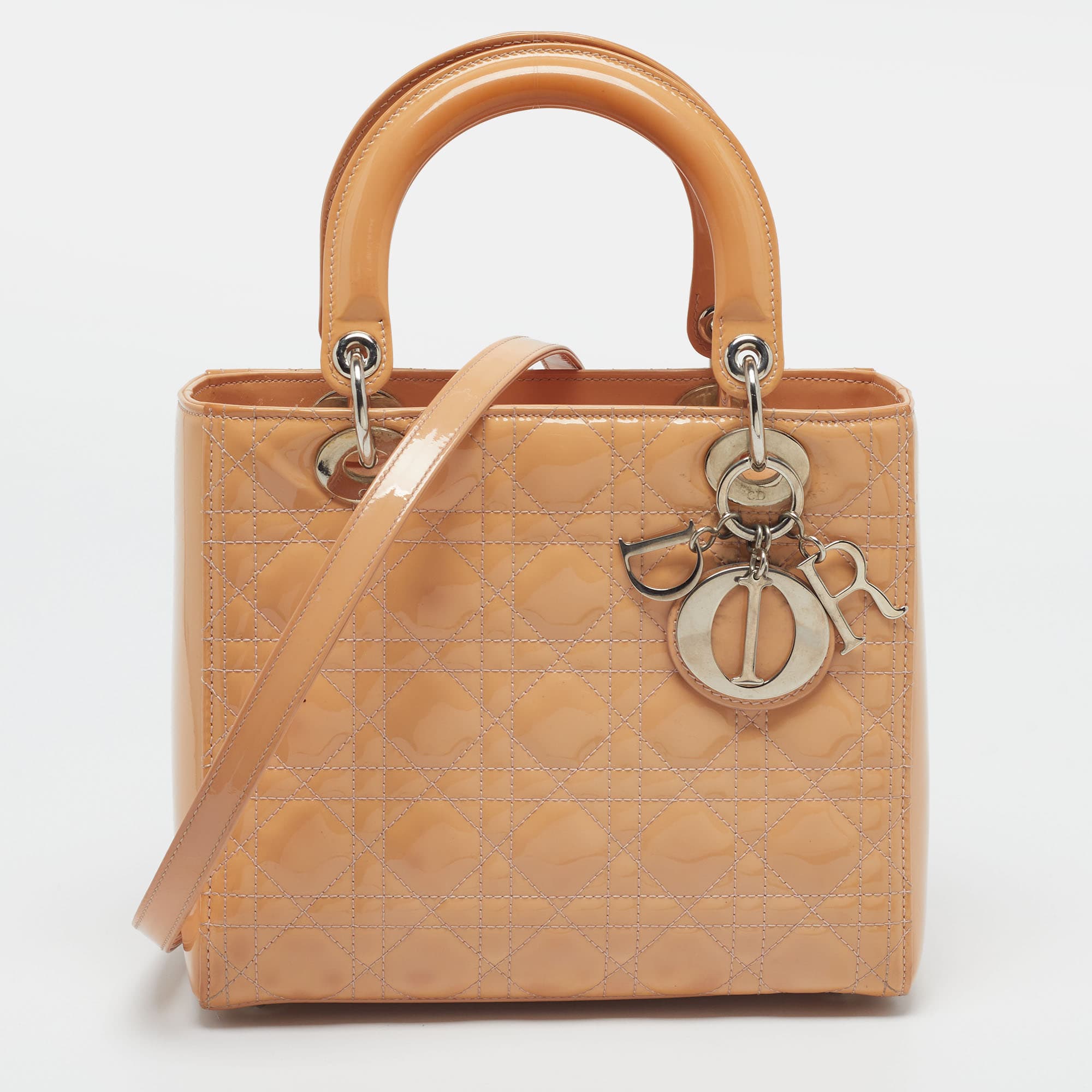 Dior Lady Dior Medium Beige Cannage Patet Leather Tote