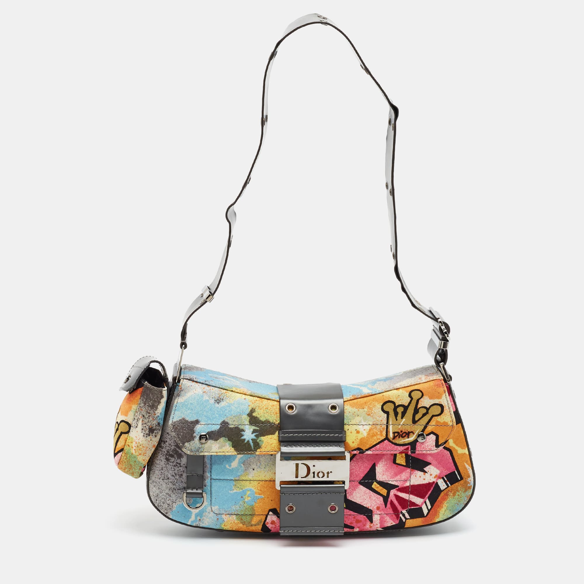 Dior Vintage Graffiti Street Chic Columbus Multicolor Fabric and Leather Shoulder Bag