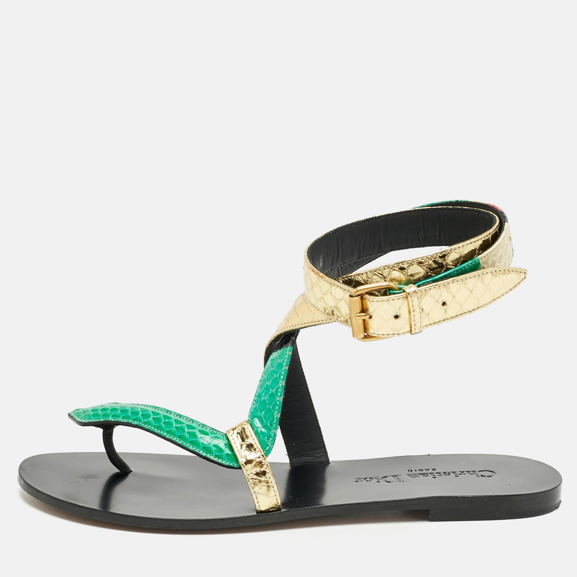 Dior Size 37 Multicolor Snakeskin Leather Ankle Strap Sandals