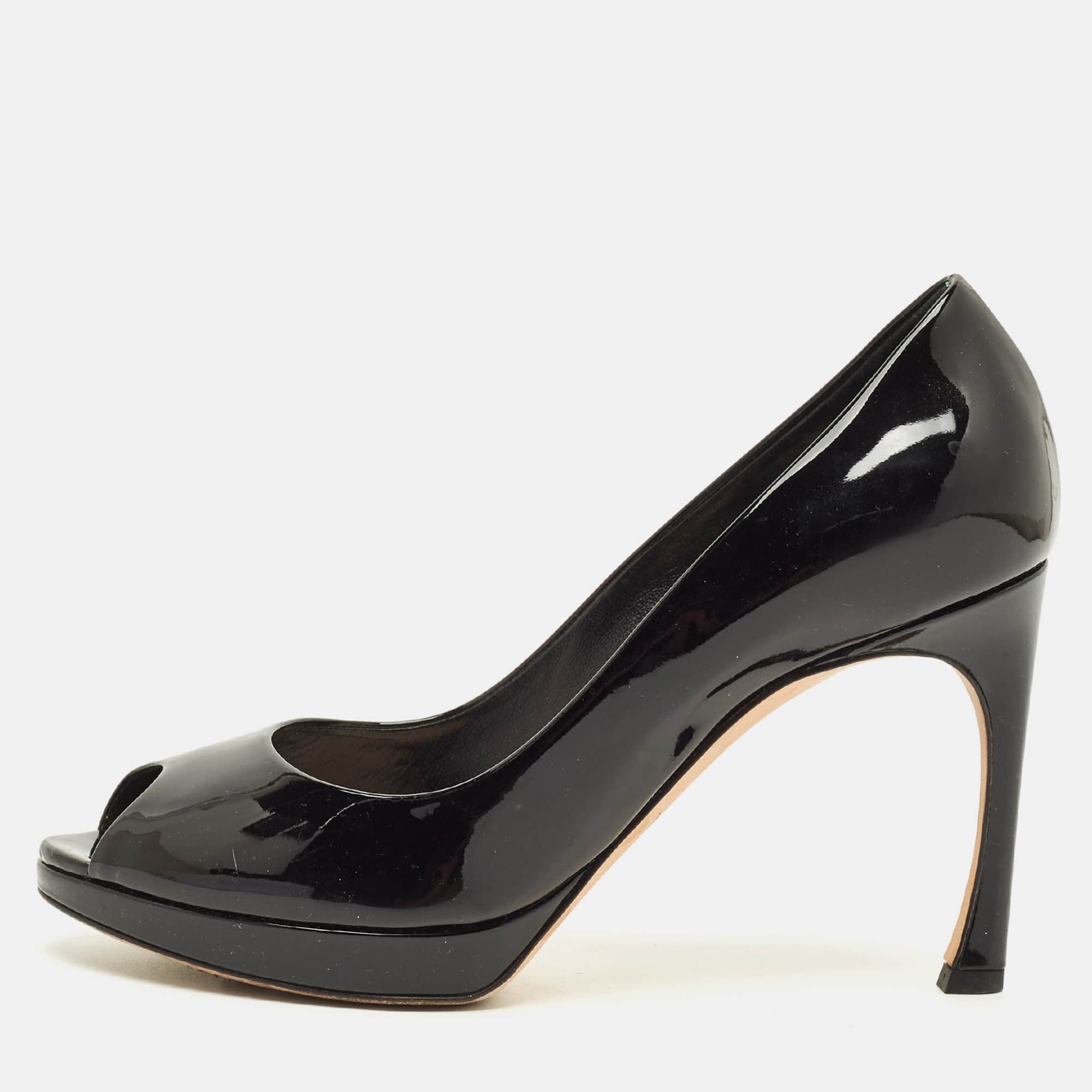 Dior Diorella Size 37 Black Patent Leather Peep Toe Pumps